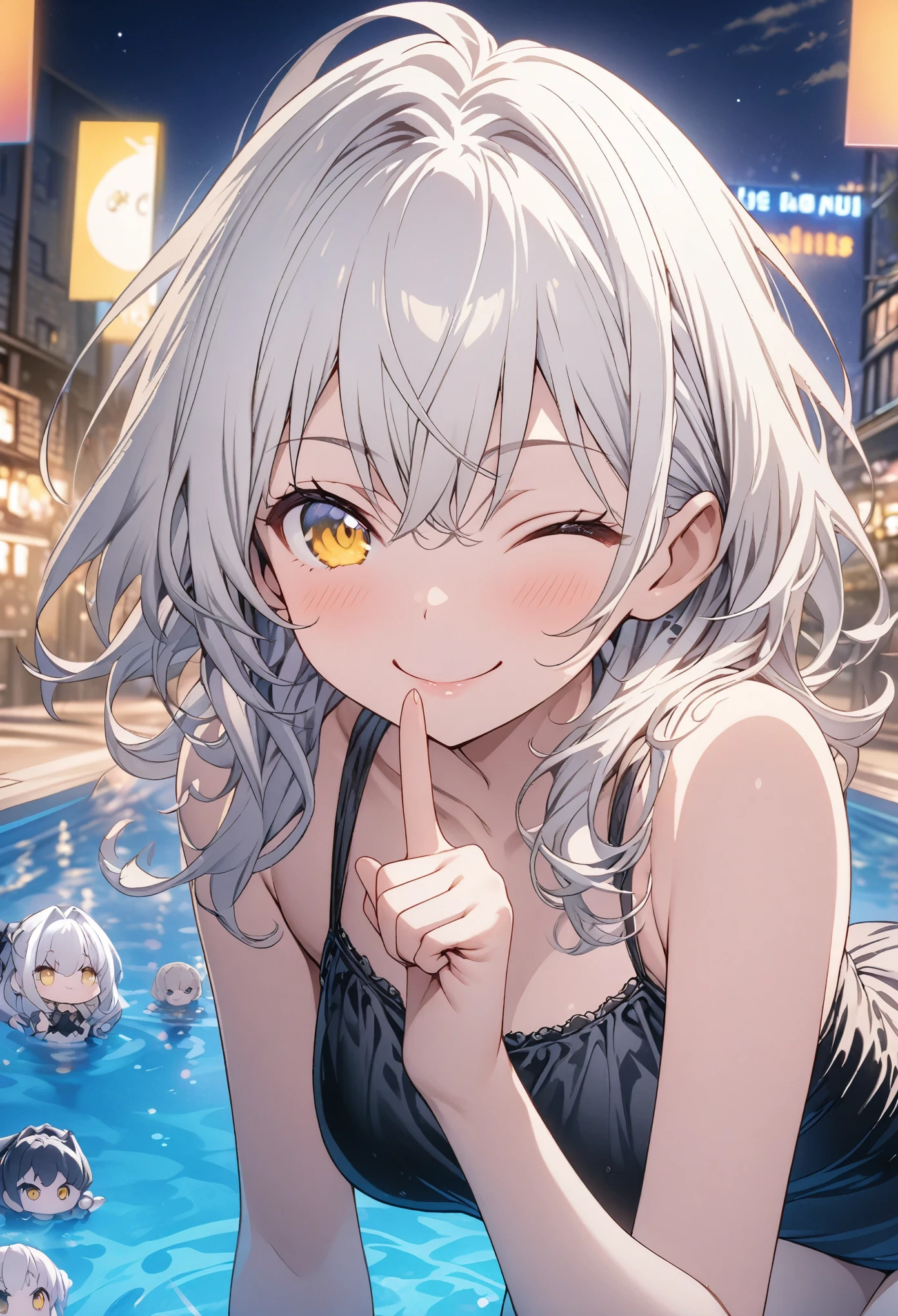 masterpiece, Highest quality, Highly detailed CG Unity 8k wallpaper, chibi, High School Girl Anime Illustration. Wear a black swimsuit、Doing the finger guns pose、she has her eyes closed and mouth open, smile. The background is a light pastel colored landscape., White hair color, Yellow Eyes, night, Neon light pool, illumination, Bokeh