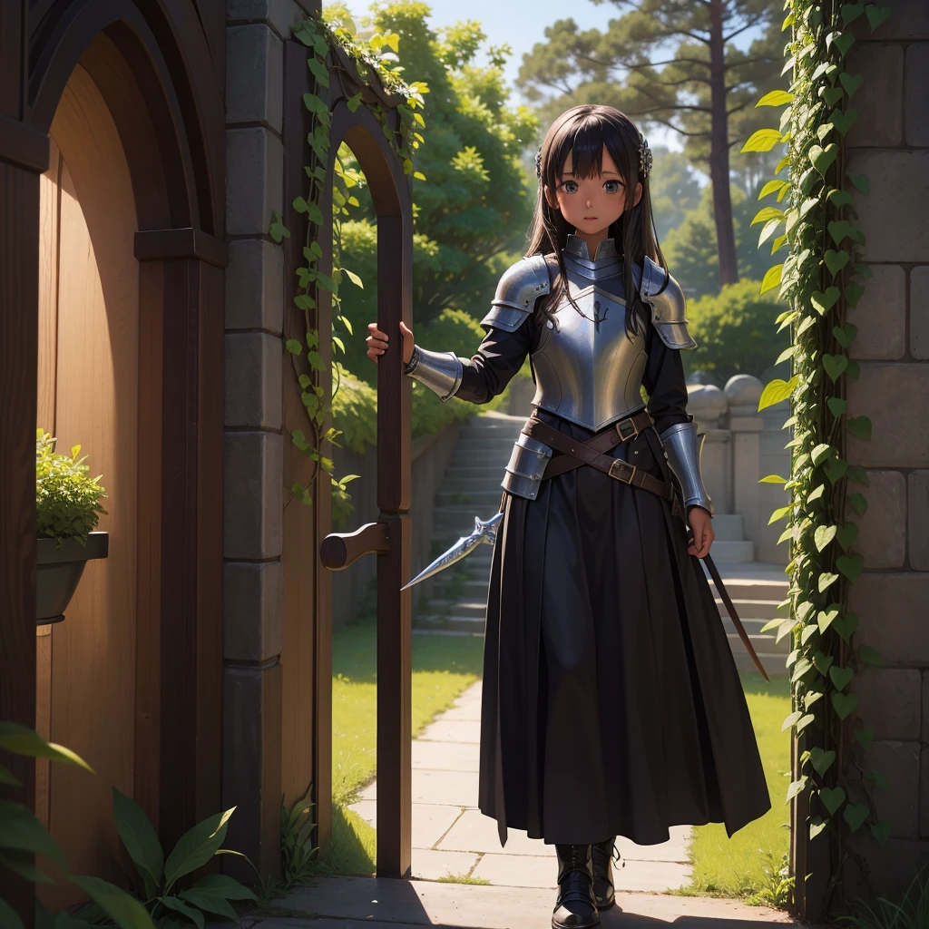 最high quality、high quality、10 years old、Girl Adventurer、Climb the maze stairs、Leather Armor、Long skirt、Equipped with a dagger and a shield、