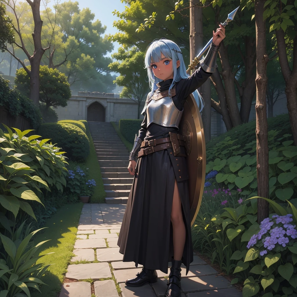 最high quality、high quality、、Girl Adventurer、Climb the maze stairs、Leather Armor、Long skirt、Equipped with a dagger and a shield、