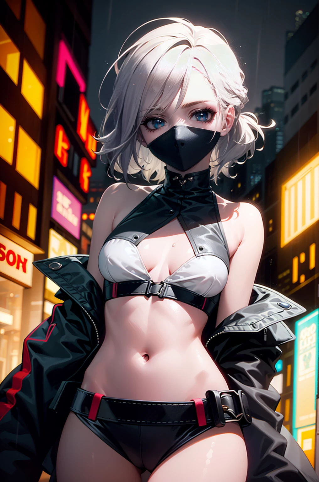 portrait, 1 girl, beautiful face, asymmetrical hair, multi-colored hair, belt, bodysuit, covered mouth, covered navel, detached sleeves, grey eyes, hip vent, open jacket, cute, look at viewer, night city, neon, rainy,