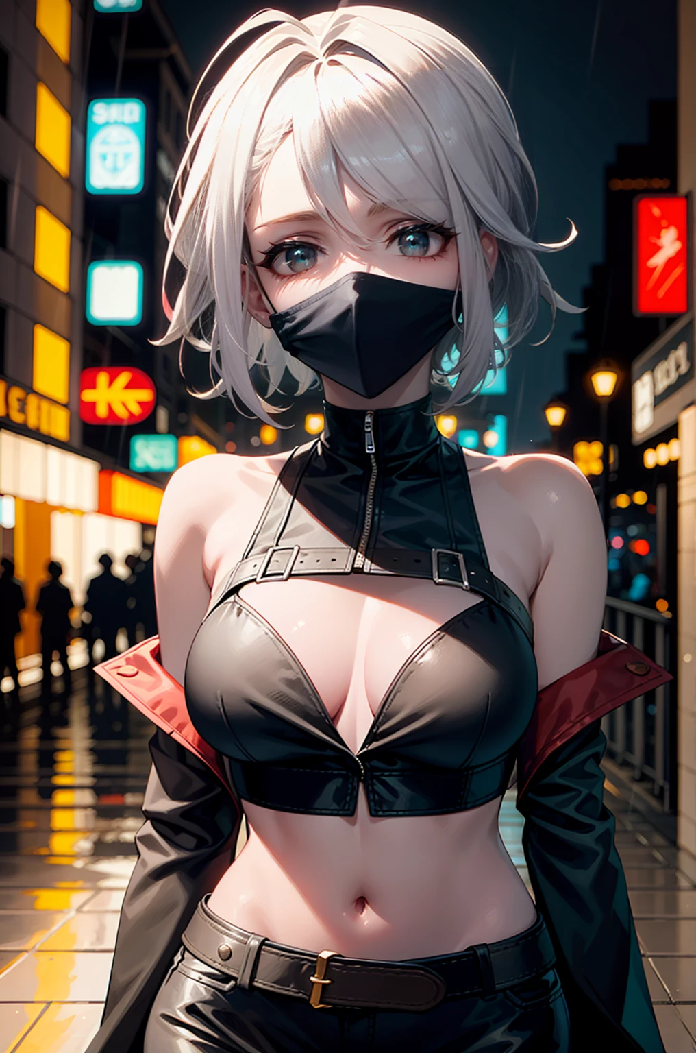 portrait, 1 girl, beautiful face, asymmetrical hair, multi-colored hair, belt, bodysuit, covered mouth, covered navel, detached sleeves, grey eyes, hip vent, open jacket, cute, look at viewer, night city, neon, rainy,