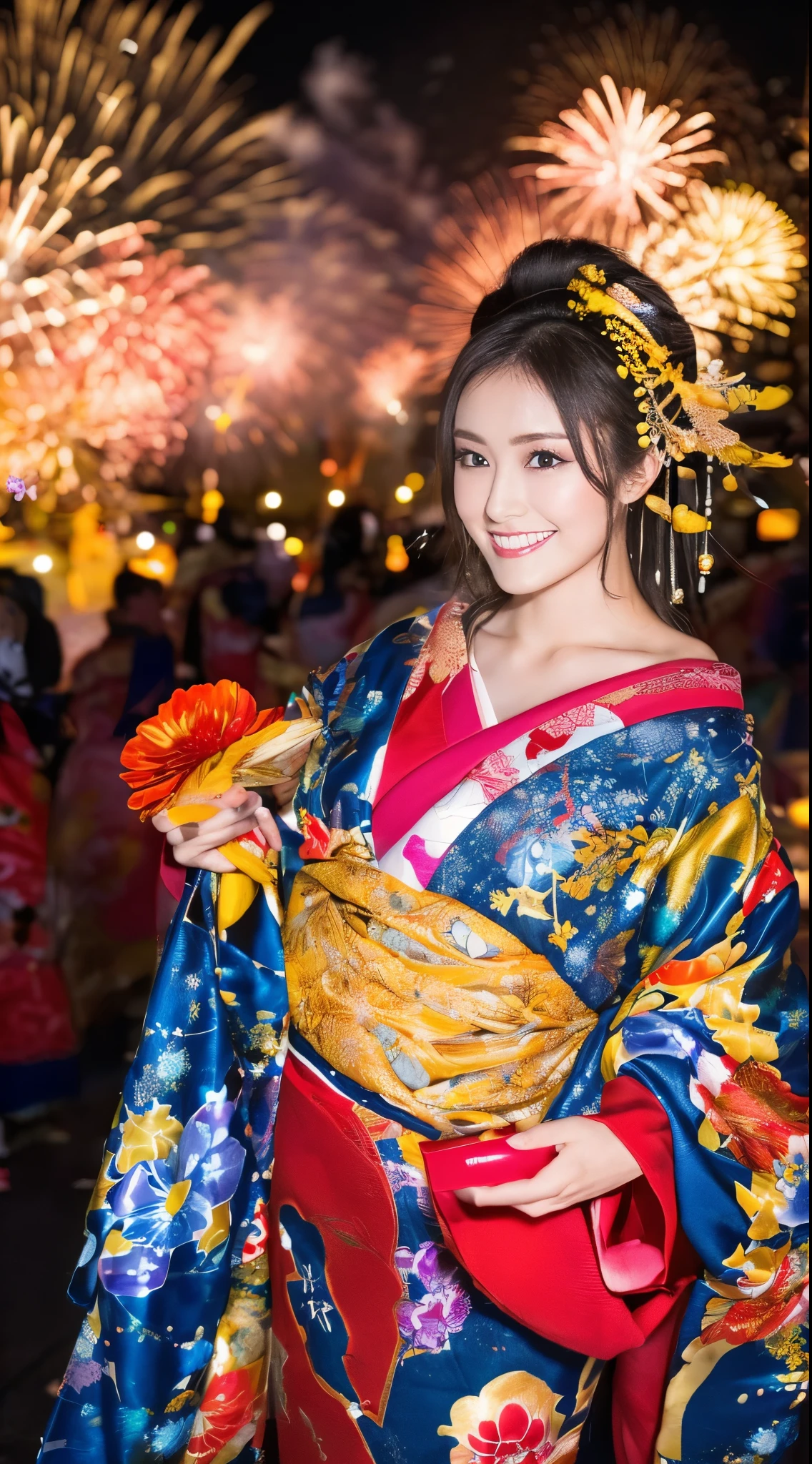 ((masterpiece(:1.4),Highest quality,Ultra-high resolution,Highest quality,8k,Extremely detailed,In detail))。night,Fireworks display,Japanese,A beautiful woman,Big Breasts,Flashy gal makeup,Oiran,Long-sleeved kimono,Hair tying,hair ornaments,smoke tube,geta,Gorgeous and luxurious,(Fireworks displayのnightに河川敷で花火を背景にしたスナップ写真),Hyper Quality
