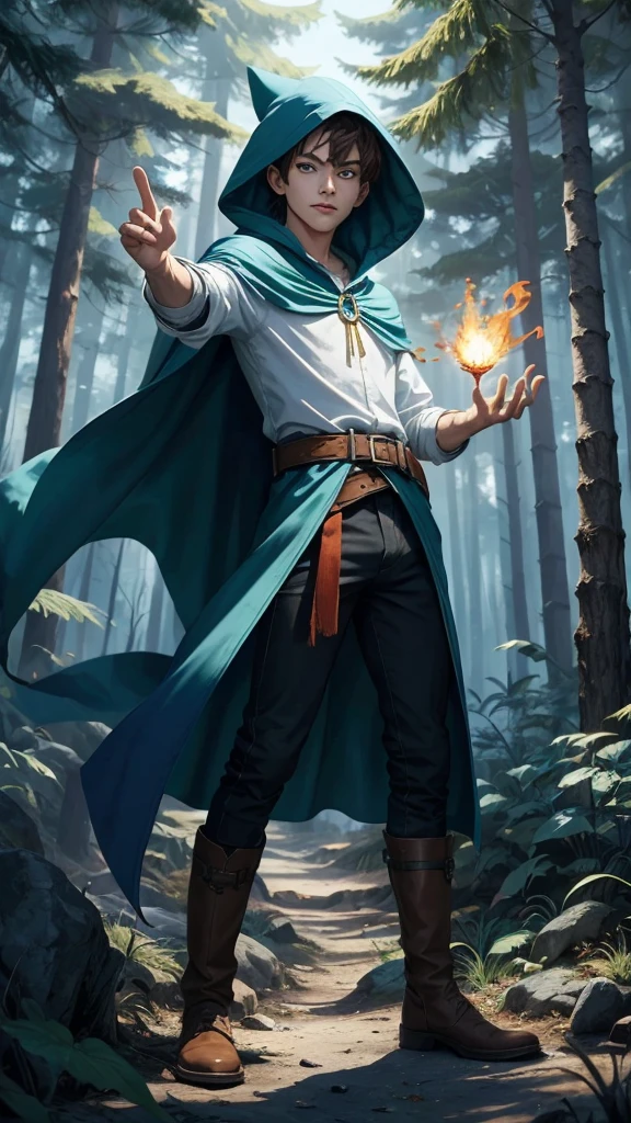 Design 1 magician throwing a fireball with paint magic., 22 year old man with dark blue hood and cape..Medium and brown hair., blue and green eyes., Wear a white button-down shirt under a tunic., Wear green shorts., He wears a brown belt., Wear short brown boots., use bandages on your hands. Use a book and a magic brush to create your magic., Create a colorful magic painting background in a forest ((Improve face))