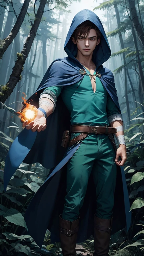 Design 1 magician throwing a fireball with paint magic., 22 year old man with dark blue hood and cape..Medium and brown hair., blue and green eyes., Wear a white button-down shirt under a tunic., Wear green shorts., He wears a brown belt., Wear short brown boots., use bandages on your hands. Use a book and a magic brush to create your magic., Create a colorful magic painting background in a forest ((Improve face))