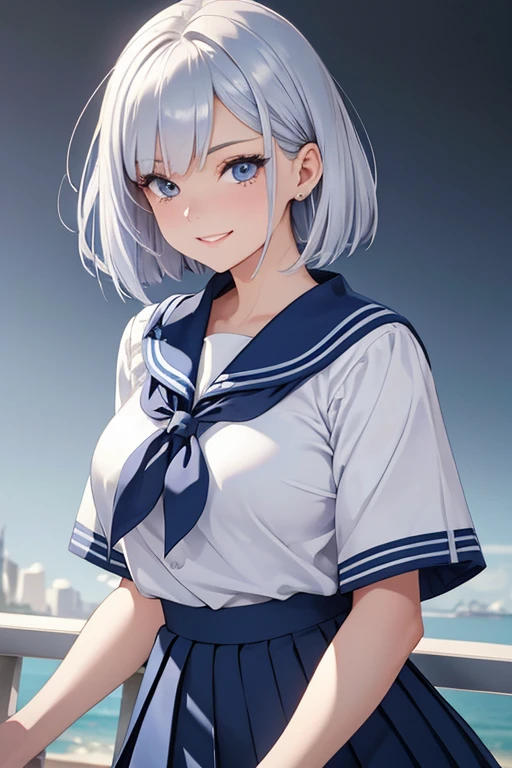 A woman with silver bob hair and blue eyes, gazing condescendingly at the viewer with a cute grinning expression, extremely detailed and realistic, masterpiece quality, ultra-detailed, HDR, studio lighting, vivid colors, physically-based rendering, Wear a summer sailor uniform、Wear a navy blue pleated skirt