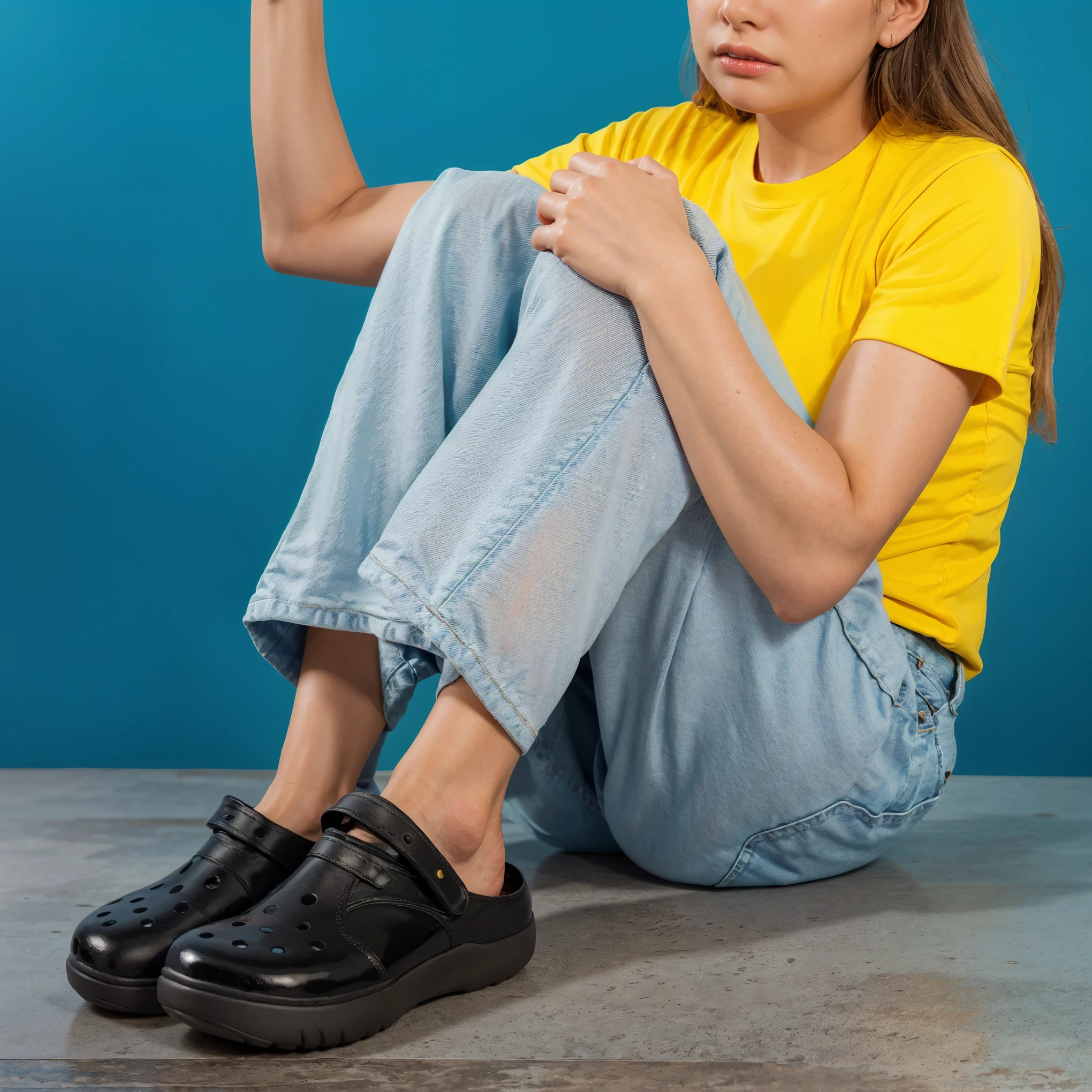 A woman in a bright yellow t-shirt and jeans is sitting on a gray floor against a blue background. She has her knees bent, holding them with her arms, and one hand raised to her face, appearing either distressed or contemplative. She wears black sandals on her feet. Her posture and facial expression may reflect fatigue or introspection. vibrant contrast to his attire and accessories.аffects render, (glossy plastic texture with multiple big light probe refractions), perfect cgi, smooth silhouette, high intensity refraction, (super glossy plastic material), most beautiful vfx, , realistic, 4k, high resolution, rim light, smooth 3d model, multiple light sources, rim light, sharp post effects render,, realistic, 4k, high resolution, rim light detailed digital art, reflective, best quality, 4k, masterpiece:1.2, ultra-detailed, realistic, vivid colors, The image of the highest quality, ensuring every detail showcased perfectly. It in 4k resolution, allowing viewers to immerse themselves in the richness of the colors and intricate details. The realistic rendering. under the spotlight, reflecting, high-resolution image, realistic rendering