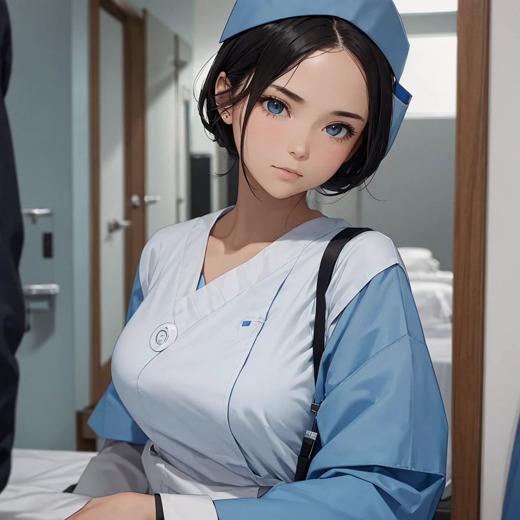 nursing aide,one girl,solo,blue or white scrubs,not wearing a hat or cap, frame it up to the top of the head, The top of my head doesn't come out of the frame,Facing forward.