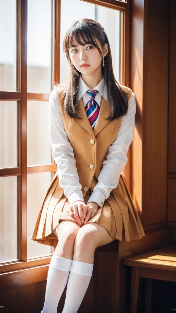 ulzzang-6500-v1.1, (Raw photo:1.2), (Photorealistic:1.4), Beautiful detailed girl, Very detailed eyes and face, Beautiful detailed eyes, Ridiculous, Incredibly ridiculous, Ultra detailed, High resolution, Very detailed, Best quality, Masterpiece, ((Japan girls' high school uniform)), In the classroom, by the window and outside the blue sky, unified, 8k wallpaper, fantastic, fine detail, masterpiece, top quality, highly detailed cg uniform 8k wallpaper,movie lighting, 16 year old girl, (dynamic pose))), (camel toe), (knee bending leg sitting))