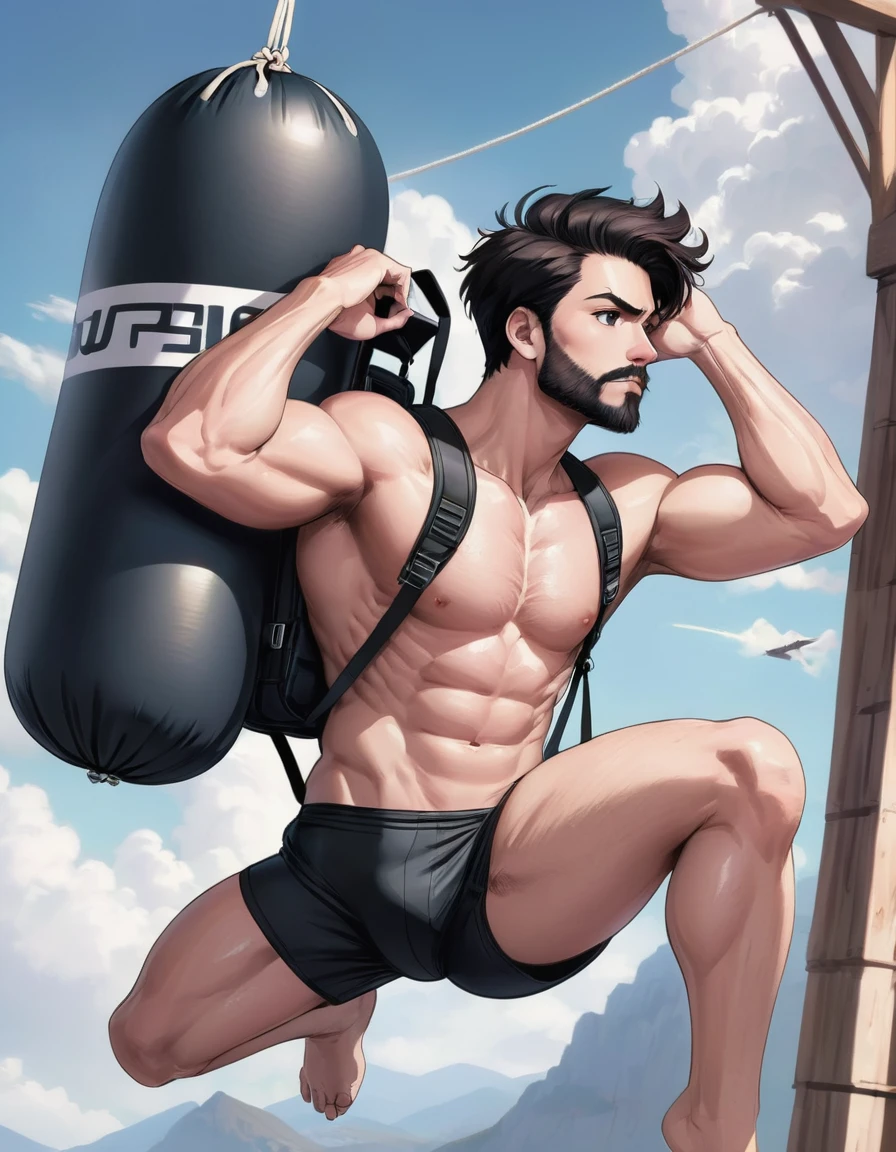 (graphic novel style, dark novel style, comic style, 2d:1.5), (hyperrealism, masterpiece:1.4), (colourful, soft cinematic light:1.1), incredibly lifelike, Extremely high-resolution details, 8k, best quality,extremely detailed, colorful, man, fly, jump,jumping, ((fullbody)), (((Falling))),parachutesky, sky, (clouds:1.1), from away, aerial, ((rope)), ((strap)), ((parachute)), open parachute, (((Falling))), cloud,sky, hands in pockets,legs up, air falls, wind, best_falling, ((((backpack)))), ((parachute)), (((Man))) in black shorts and black Bondage with parachute lines and parachute, Adult, Italian, Mesomorph Muscular body, perfect Olive skin, short Muscular neck, Rectangle faces, Muscular fitness arms, Attached Cupped Symmetrical Ears, Low Forehead, black short combed back hair, Fleshy nose, Bold Tapered black Eyebrows, High Angular Symmetrical Prominent Cheekbones, Heart-Shaped Cheeks, triangular Chin, Angular jawline, brown Upturned eyes, Thin nude Lips, Designer Stubble black whiskers, triangular black hair beard, Athletic thighs, Muscular fitness legs, big muscles,