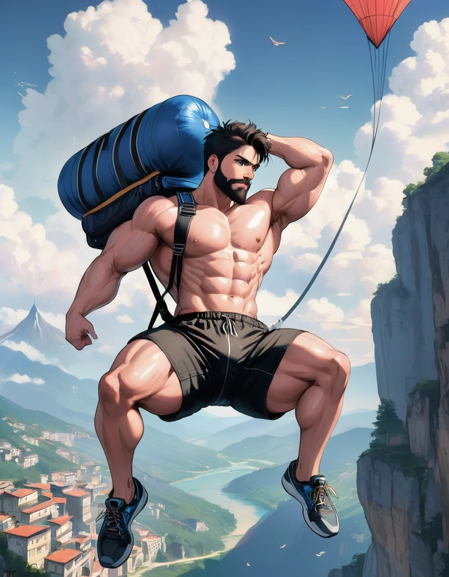 (graphic novel style, dark novel style, comic style, 2d:1.5), (hyperrealism, masterpiece:1.4), (colourful, soft cinematic light:1.1), incredibly lifelike, Extremely high-resolution details, 8k, best quality,extremely detailed, colorful, man, fly, jump,jumping, ((fullbody)), (((Falling))),parachutesky, sky, (clouds:1.1), from away, aerial, ((rope)), ((strap)), ((parachute)), open parachute, (((Falling))), cloud,sky, hands in pockets,legs up, air falls, wind, best_falling, ((((backpack)))), ((parachute)), (((Man))) in black shorts and black Bondage with parachute lines and parachute, Adult, Italian, Mesomorph Muscular body, perfect Olive skin, short Muscular neck, Rectangle faces, Muscular fitness arms, Attached Cupped Symmetrical Ears, Low Forehead, black short combed back hair, Fleshy nose, Bold Tapered black Eyebrows, High Angular Symmetrical Prominent Cheekbones, Heart-Shaped Cheeks, triangular Chin, Angular jawline, brown Upturned eyes, Thin nude Lips, Designer Stubble black whiskers, triangular black hair beard, Athletic thighs, Muscular fitness legs, big muscles,