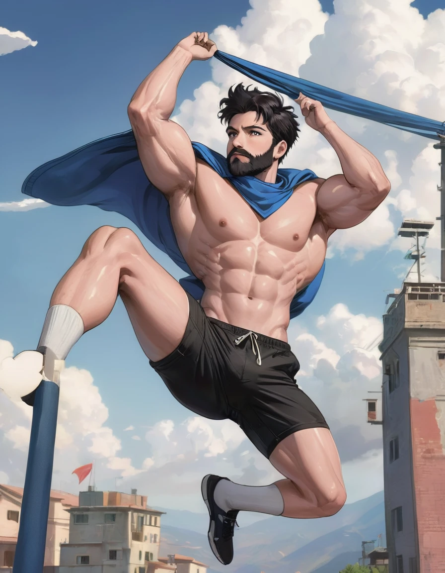 (graphic novel style, dark novel style, comic style, 2d:1.5), (hyperrealism, masterpiece:1.4), (colourful, soft cinematic light:1.1), incredibly lifelike, Extremely high-resolution details, 8k, best quality,extremely detailed, colorful, man, fly, jump,jumping, ((fullbody)), (((Falling))),parachutesky, sky, (clouds:1.1), from away, aerial, ((rope)), ((strap)), ((parachute)), open parachute, (((Falling))), cloud,sky, hands in pockets,legs up, air falls, wind, best_falling, ((((backpack)))), ((parachute)), (((Man))) in black shorts and black Bondage with parachute lines and parachute, Adult, Italian, Mesomorph Muscular body, perfect Olive skin, short Muscular neck, Rectangle faces, Muscular fitness arms, Attached Cupped Symmetrical Ears, Low Forehead, black short combed back hair, Fleshy nose, Bold Tapered black Eyebrows, High Angular Symmetrical Prominent Cheekbones, Heart-Shaped Cheeks, triangular Chin, Angular jawline, brown Upturned eyes, Thin nude Lips, Designer Stubble black whiskers, triangular black hair beard, Athletic thighs, Muscular fitness legs, big muscles,