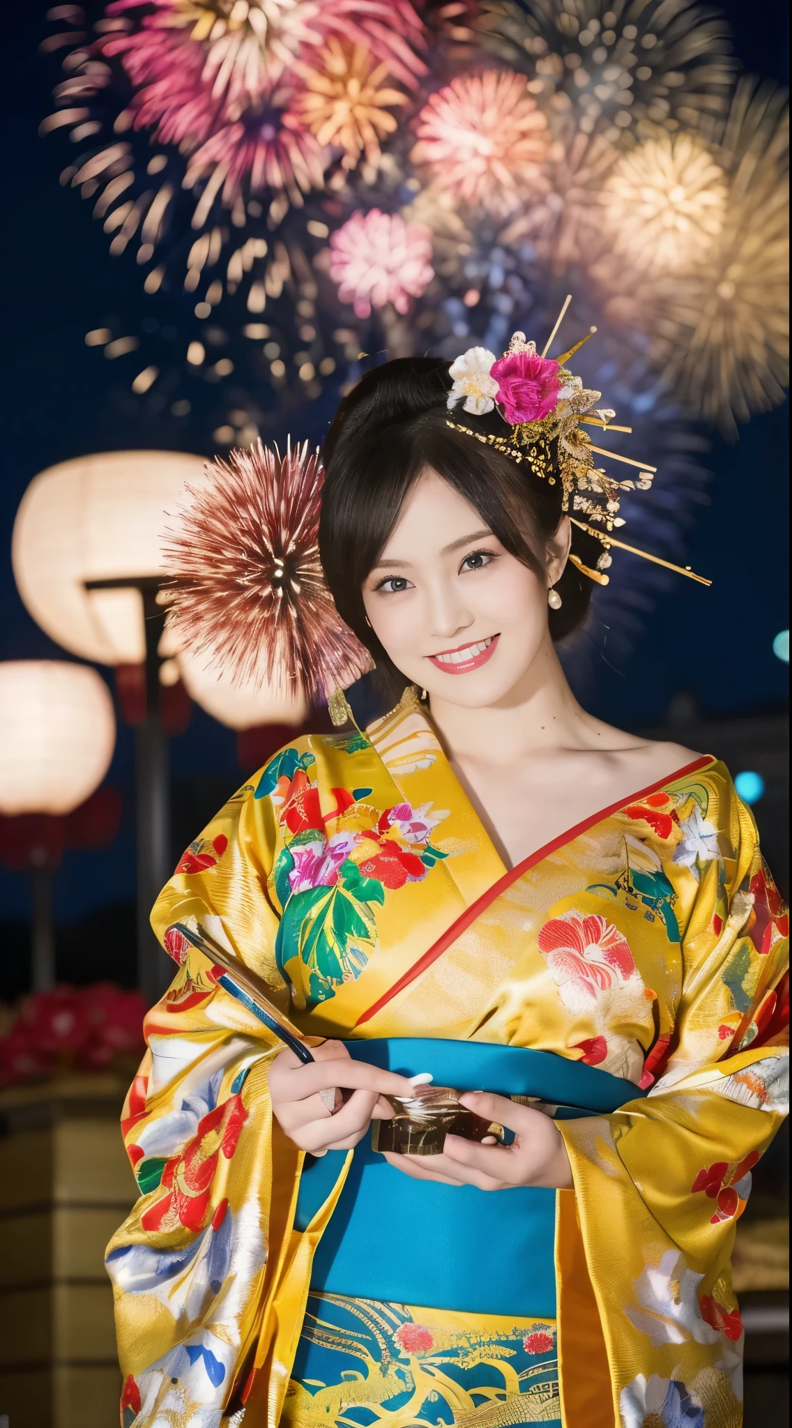 ((masterpiece(:1.4)，Highest quality，Ultra-high resolution，Highest quality，8k，Extremely detailed，In detail))。night，Fireworks display，Japanese，A beautiful woman，Big Breasts，Flashy courtesan makeup，Long-sleeved kimono，Hair tying，hairpin，hair ornaments，smoke tube，geta，Gorgeous and luxurious，(Fireworks displayのnightに河川敷で花火を背景にしたスナップ写真)，Hyper Quality