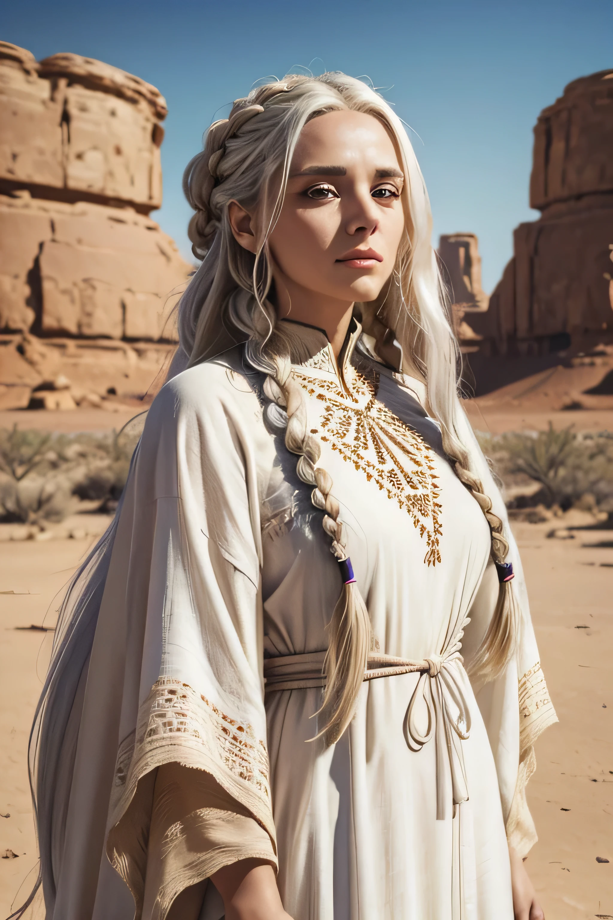 1 female, long white hair, braided hair, wearing a caftan, ugly face, 25 years old, desert background, absurdres, high res, ultrasharp, 8K, masterpiece, the image should be of absurd resolution and high detail. It should be ultra-sharp and available in 8K resolution, representing a masterpiece in image quality.