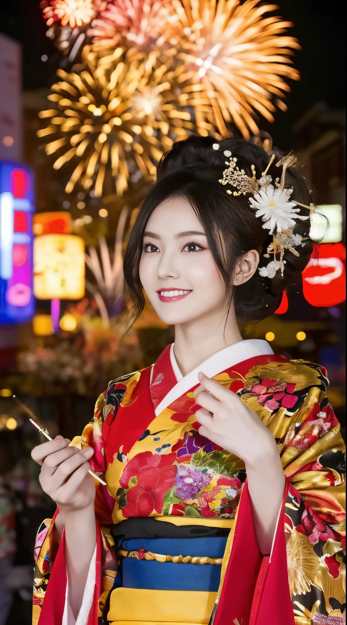 ((masterpiece(:1.4)，Highest quality，Ultra-high resolution，Highest quality，8k，Extremely detailed，In detail))。night，Fireworks display，Japanese，A beautiful woman，Big Breasts，Flashy courtesan makeup，Long-sleeved kimono，Hair tying，hairpin，hair ornaments，smoke tube，geta，Gorgeous and luxurious，(Fireworks displayのnightに河川敷で花火を背景にしたスナップ写真)，Hyper Quality