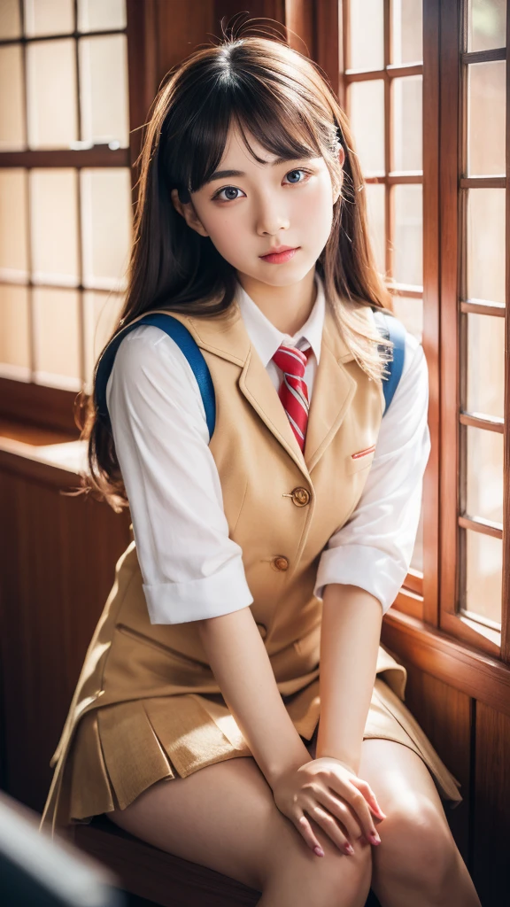 ulzzang-6500-v1.1, (Raw photo:1.2), (Photorealistic:1.4), Beautiful detailed girl, Very detailed eyes and face, Beautiful detailed eyes, Ridiculous, Incredibly ridiculous, Ultra detailed, High resolution, Very detailed, Best quality, Masterpiece, ((Japan girls' high school uniform)), In the classroom, by the window and outside the blue sky, unified, 8k wallpaper, fantastic, fine detail, masterpiece, top quality, highly detailed cg uniform 8k wallpaper,movie lighting, 16 year old girl, (dynamic pose))), (camel toe), (knee bending leg sitting))