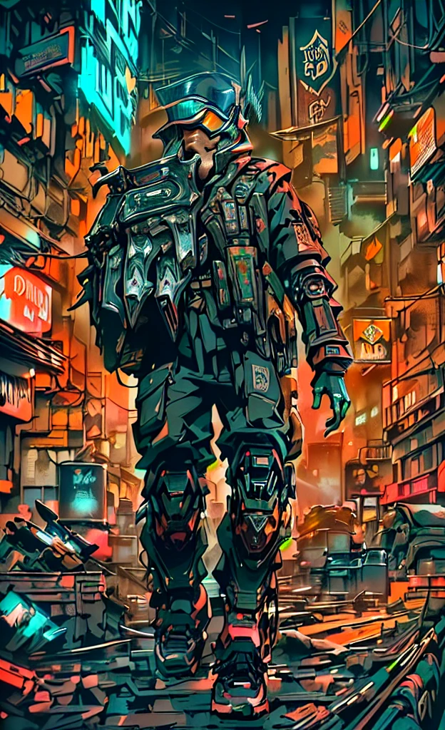 Close up of a person walking in the city with a backpack, Back to camera,Cyberpunk art style, inspired byLiam Wong, detailed Cyberpunk Illustration, byLiam Wong, ( ( ( ( ( and Mumford ) ) ) ) ), cyberpunk comic cover art, Cyberpunk Illustration, Cyberpunk style, and Mumford. 8 k octane render, in the style and Mumford artwork, Cyberpunk art style