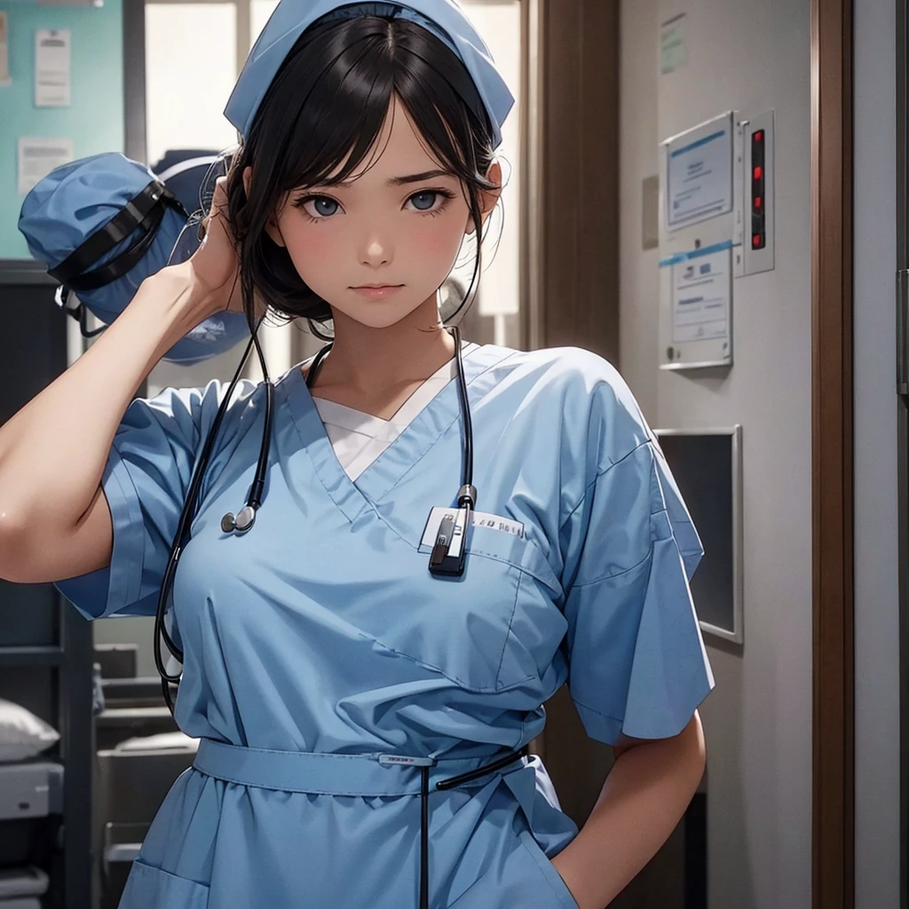 nursing aide,one girl,solo,blue or white scrubs,not wearing a hat or cap, frame it up to the top of the head, The top of my head doesn't come out of the frame,Facing forward.