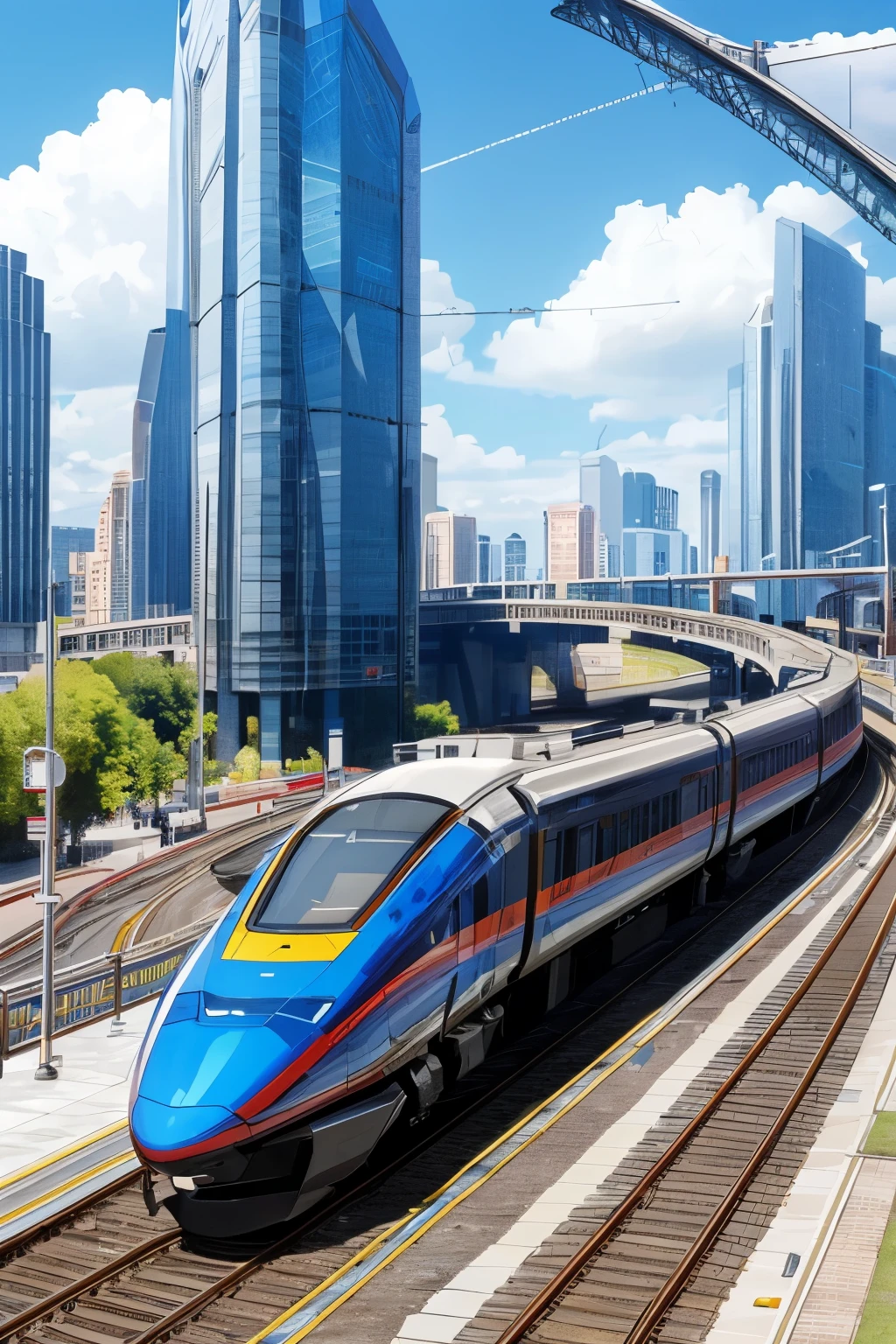 ((best quality)), ((masterpiece)), (detailed), a futuristic fast train(perfect shape aerodinamic) is moving fastly at the city, bright colors, many people standing and waiting.
