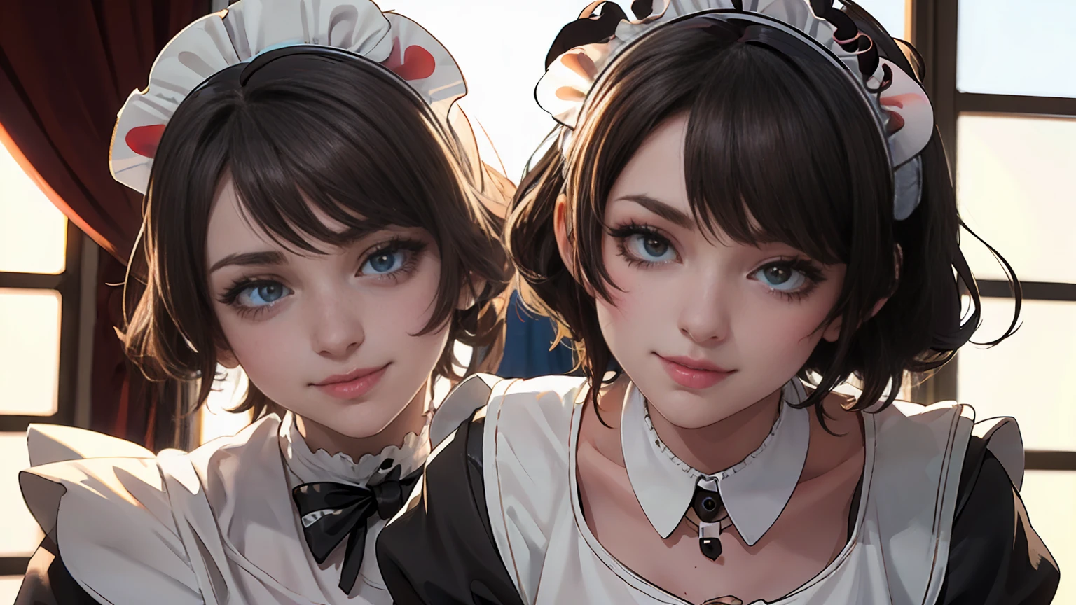 ((beautiful maid:1.5),high resolution, top quality),wearing maid's uniform,soft hands, big bright eyes, dark and vibrant curled hair, sweet smile, rosy cheeks, soft light, pure white background.  