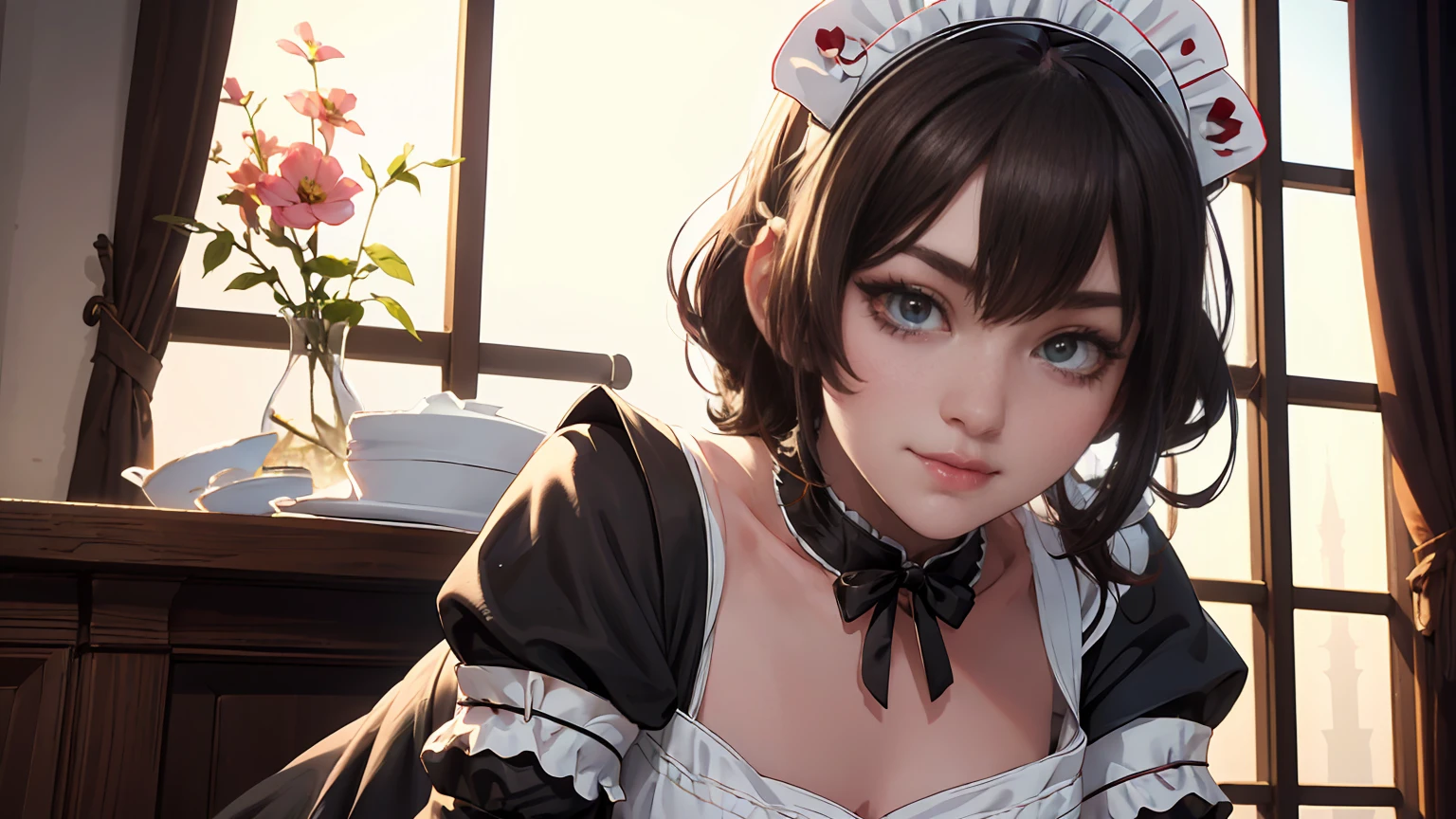 ((beautiful maid:1.5),high resolution, top quality),wearing maid's uniform,soft hands, big bright eyes, dark and vibrant curled hair, sweet smile, rosy cheeks, soft light, pure white background.  