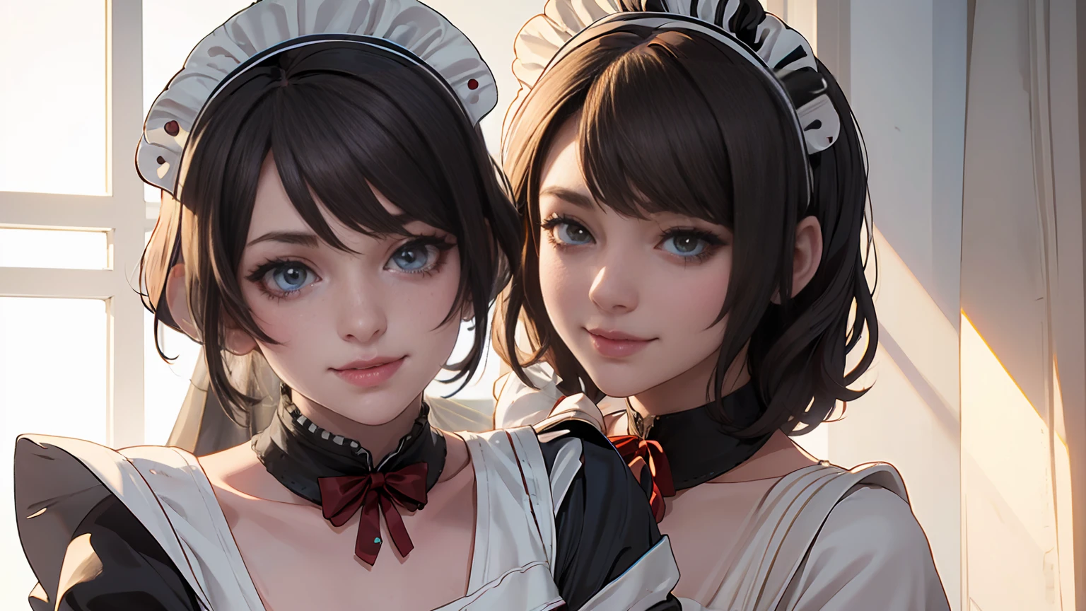 ((beautiful maid:1.5),high resolution, top quality),wearing maid's uniform,soft hands, big bright eyes, dark and vibrant curled hair, sweet smile, rosy cheeks, soft light, pure white background.  