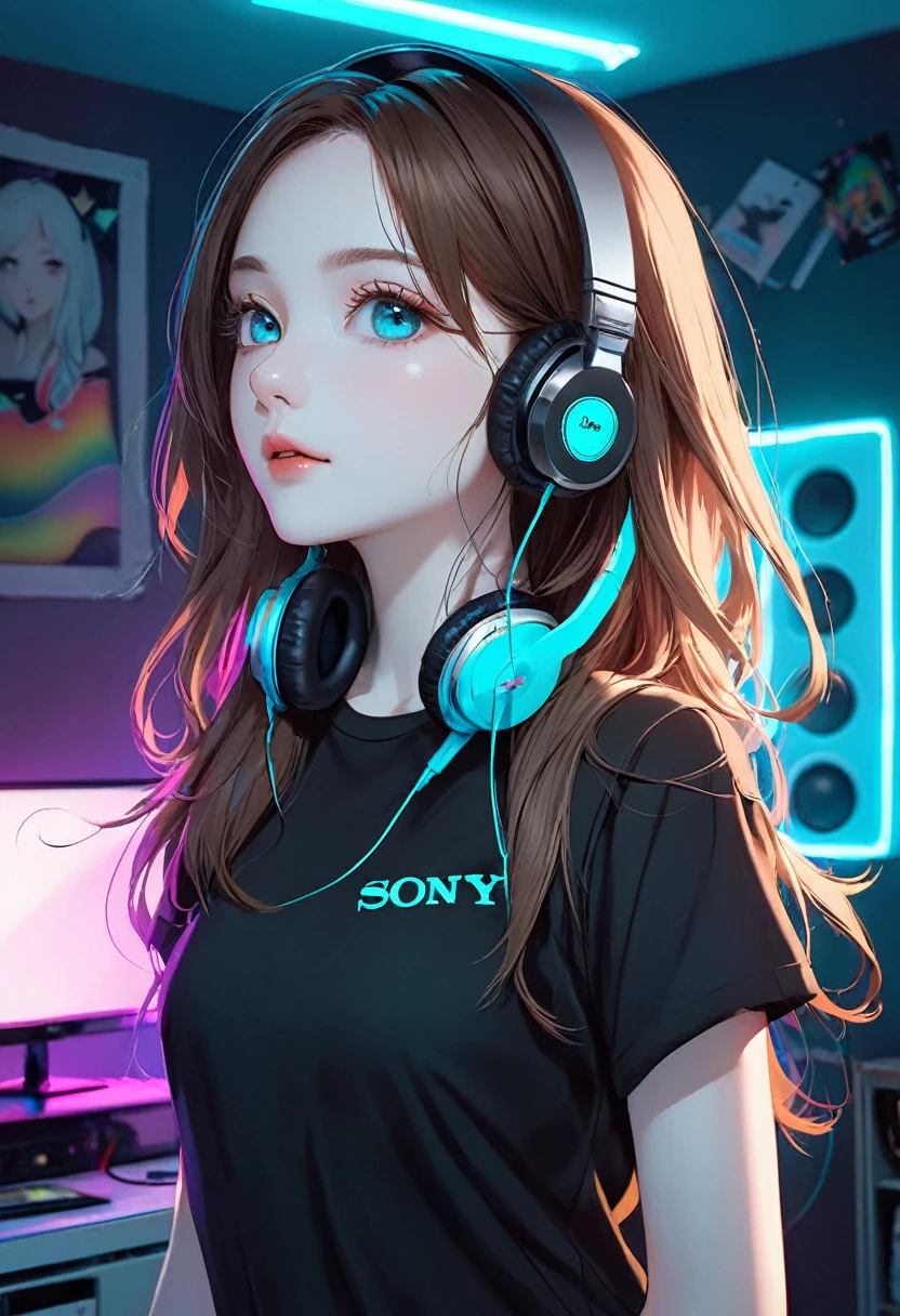 A 1solo girl, Turkish etnic ,beautyfull,cute,clear skin,ultra delicate face,double eyelids,perfect eyes,perfect skin,pale skin,fair skin,with long gradient brown hair wearing a black t shirt and SONY "WALKMAN" on headphones, in a room with neon cyan lighting