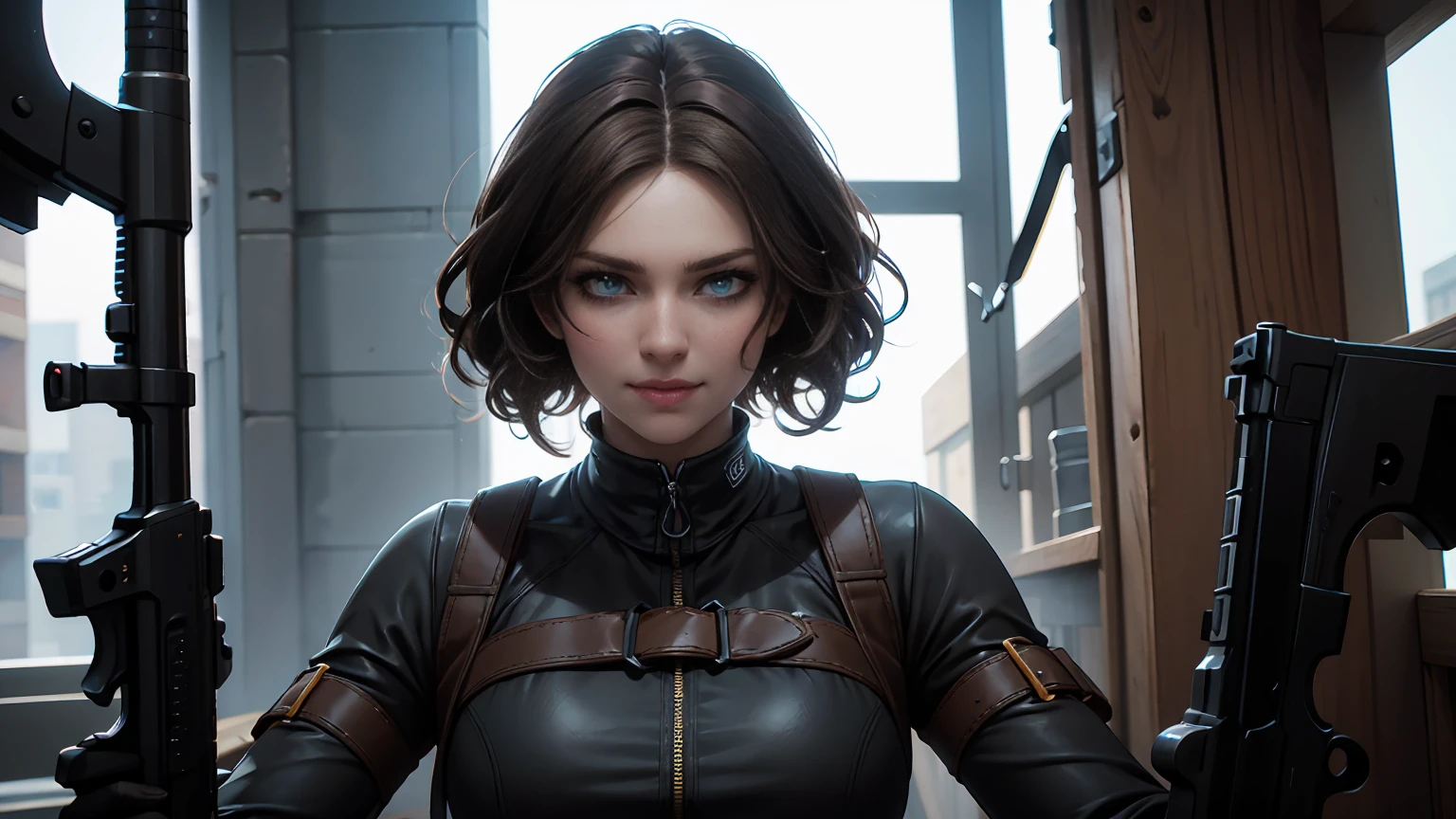 High Quality ultra realistic image of a woman.  The woman is a mixture of native american and jewish.  Strong features, fair skin.  Dark brown curly hair, dark eyes.  The woman is dressed in semi-futuristic combat attire.  She has guns and knives strapped around her body.  The beautiful woman has a smirk.  Her eyes glare with hate.