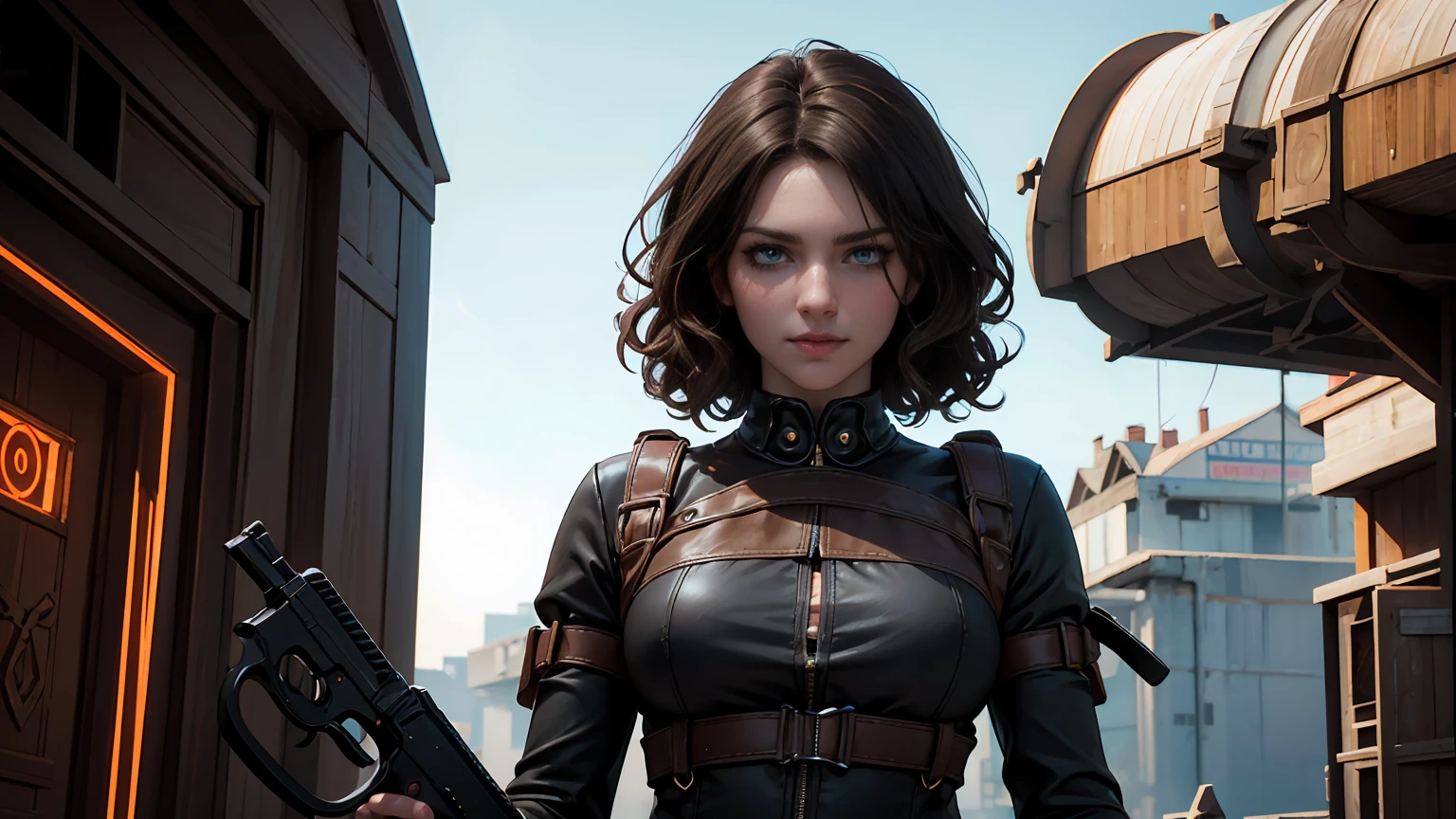 High Quality ultra realistic image of a woman.  The woman is a mixture of native american and jewish.  Strong features, fair skin.  Dark brown curly hair, dark eyes.  The woman is dressed in semi-futuristic combat attire.  She has guns and knives strapped around her body.  The beautiful woman has a smirk.  Her eyes glare with hate.