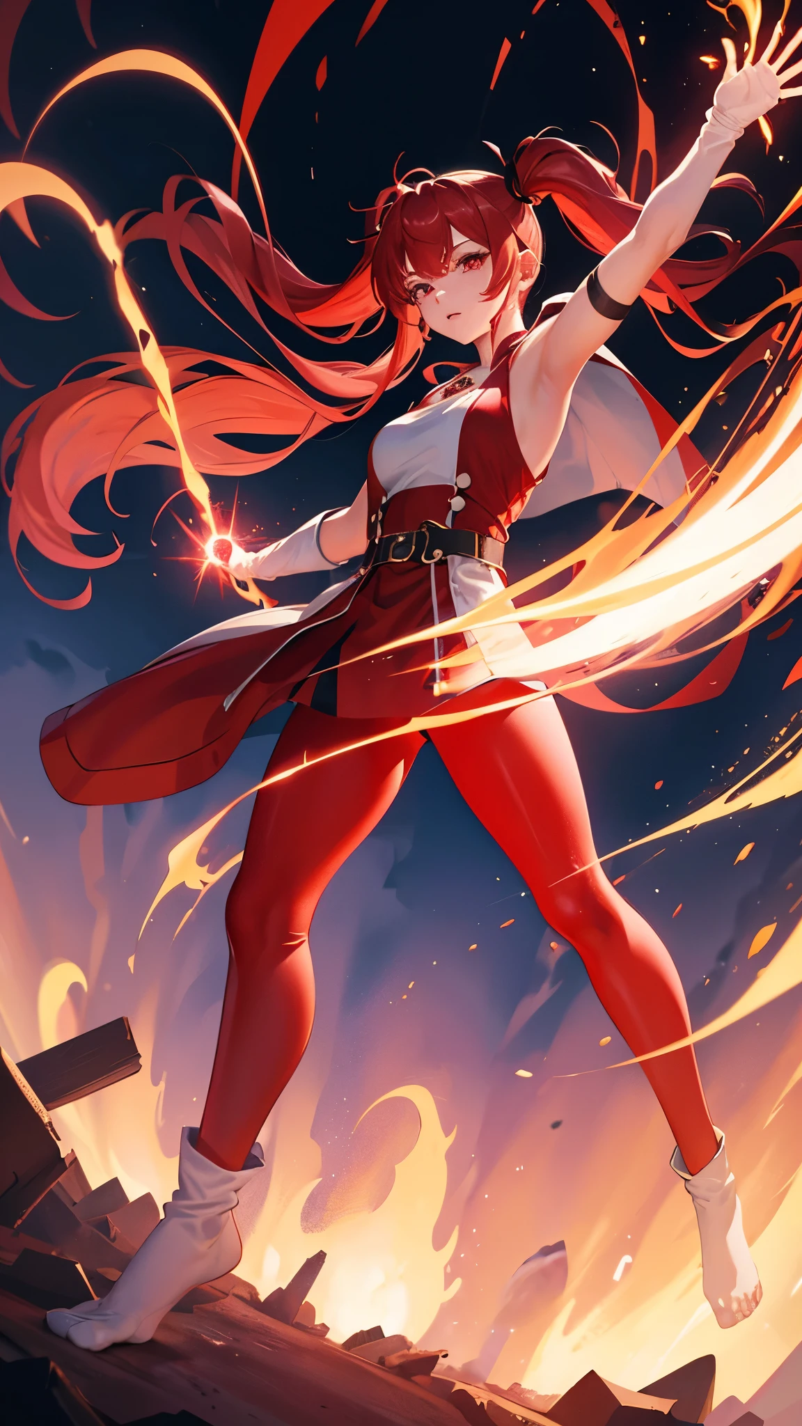 18 years old, red hair, pig tails hair, red eyes, in a full body robe with leggings, masterpiece, high quality, glowing energy ball in right hand, shoulders exposed, gloves, ready to fight pose, 4k, magician, glow effect, red energy intertwined in an atmospheric beauty, crazy glow effect, cinematic atmosphere 