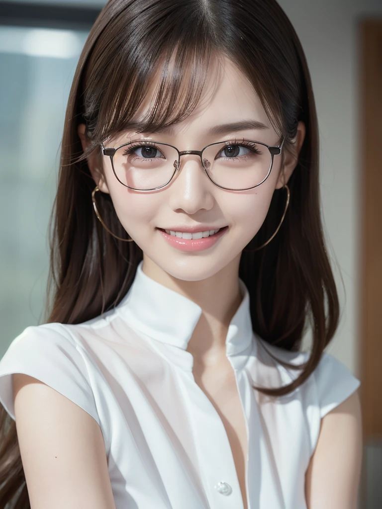 a cute woman, 8K, very smiling,beautiful detailed eyes, upper body, beautiful detailed lips, extremely detailed eyes and face, long eyelashes, slender body, thin face, delicate features, flawless porcelain skin, glistening sweat, realistic, office lady outfit, one-person viewpoint, Fuji Film, F/1.2, masterpiece, nffsw, super detail, high quality, best quality, high resolution, glasses, mole under right eye, ((arms crossed))