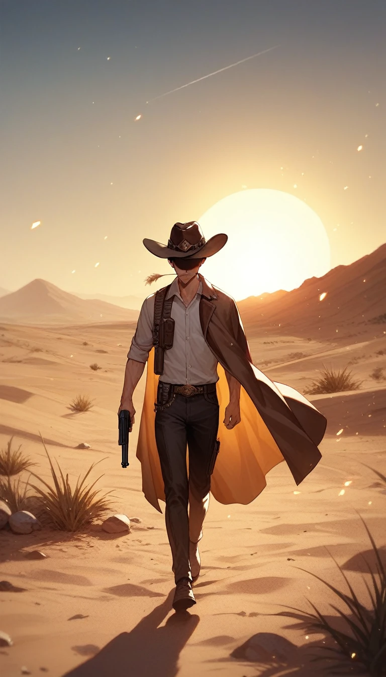 score_9, score_8_up, score_7_up, score_6_up, 1boy, 1 boy, alone, detailed face, cowboy, cowboy hat, covered eyes, straw in mouth, cowboy uniform, brown cape, desert background, walking, revolver, holding a revolver, dust particles, afternoon sun, warm lighting, warm colors, 