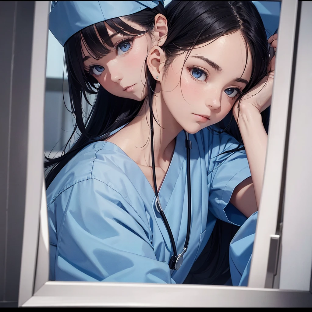 nursing aide,one girl,solo,blue or white scrubs,not wearing a hat or cap, frame it up to the top of the head, The top of my head doesn't come out of the frame,Facing forward.