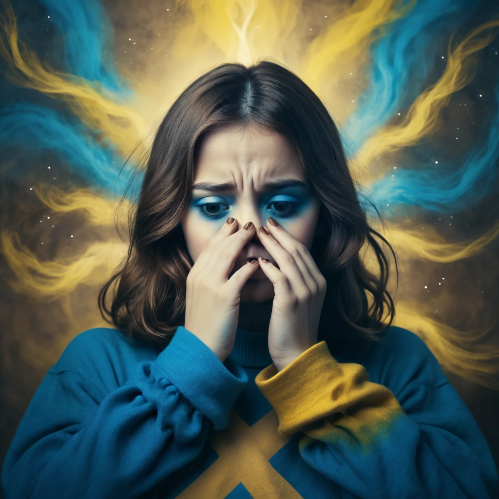 Make a dreamy mysterious horror style image symbolizing anxiety and hope, symbols of crossed fingers, childish, blue, brown, yellow colors