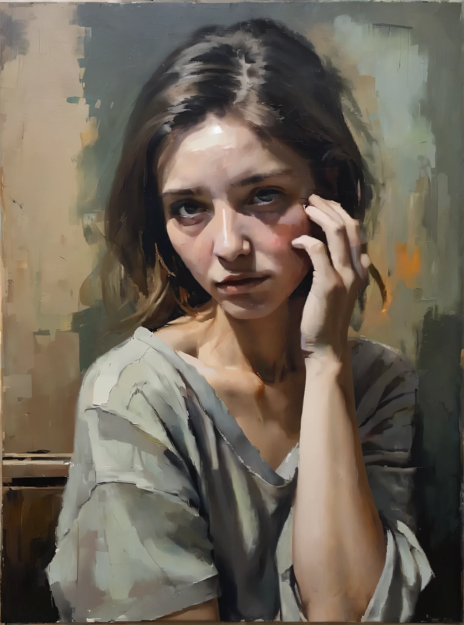 One Woman,Inspired by Malcolm Liebke、Create an inspiring oil painting, Based on the image provided. Intense, The introspective expression of the young subject is depicted in a thick, Expressive brushwork and muted colors. Emphasise the emotional depth and vulnerability of your subject's gaze, Highlight the play of light and shadow on the face. Keep it simple, A textured background that enhances the subject's meditative presence. Focusing on the feel of oil paint、The rawness that characterizes Liepke's style々conveys strong emotions and intimacy。.