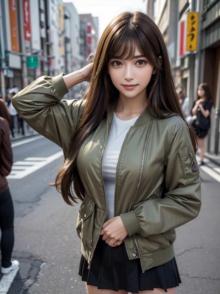 (8k, RAW Photos, Highest quality, masterpiece:1.2), (Realistic, photo-Realistic:1.4), (Highly detailed 8K wallpapers), ((Full Body Shot)), (1 girl), Sharp focus, Depth of written boundary, Cinematic lighting, Soft Light, 緻密な美しさのeye, eye_Chan, Very beautiful 17 year old girl, innocent big eyes, Realistic, photo Realistic, Highly detailed cute girl, (Thin thighs), (Model body type), 18-year-old, ((Khaki flight jacket)), (T-Shirts), (Black color micro mini tight skirt), (((Fold your arms in front of your chest and act arrogantly))), ((A happy smile)), Parted lips, Watching the audience, (On the streets of Tokyo) , (Brown Hair),(Semi-long hair), (Asymmetrical bangs)