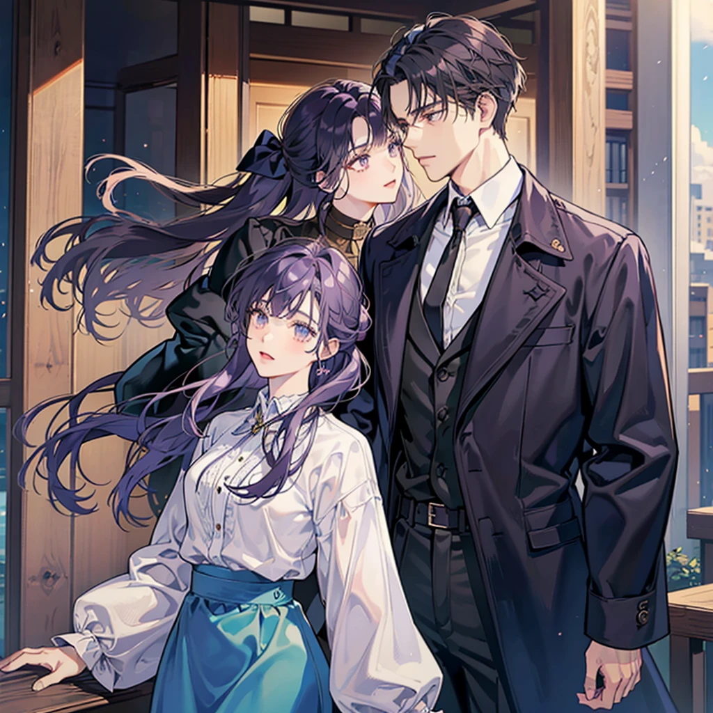 A gentle black-haired man in a brown trench coat and a handsome purple-haired woman in a blue skirt,Woman pulling man&#39;s tie(Humanity,muscular,Strong shoulder width, Men,Boyish Hairstyle,British gentleman style,30s，A man with a grim expression,28-year-old woman with a bright smile:1.2),Office night scene,Antique furniture,Antique pliers,antique chair,chandelier,Parties、A couple、couple kissing、kiss、the kiss、romantic、接kiss）