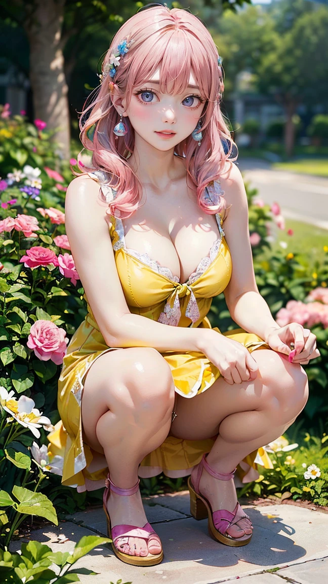 ((Highest quality, 8k, masterpiece :1.3)), (Sharp focus :1.2, Beautiful woman with perfect figure :1.4, Slim Abs), ((Big Breasts, Emphasize cleavage:1.2)), (Photorealistic:1.4), (realistic:1.4), (Pink Hair:1.5), Highly detailed face and skin texture, Fine grain, double eyelid. Makeup face, A little bit of lipstick, sex appeal, Sexy gravure pose, ((in a verdant garden、A high school girl wearing a yellow dress and white sandals、She is squatting sexily and smiling.。Colorful flowers in the background々is in full bloom。She has small pearl earrings in her ears。:1.3))