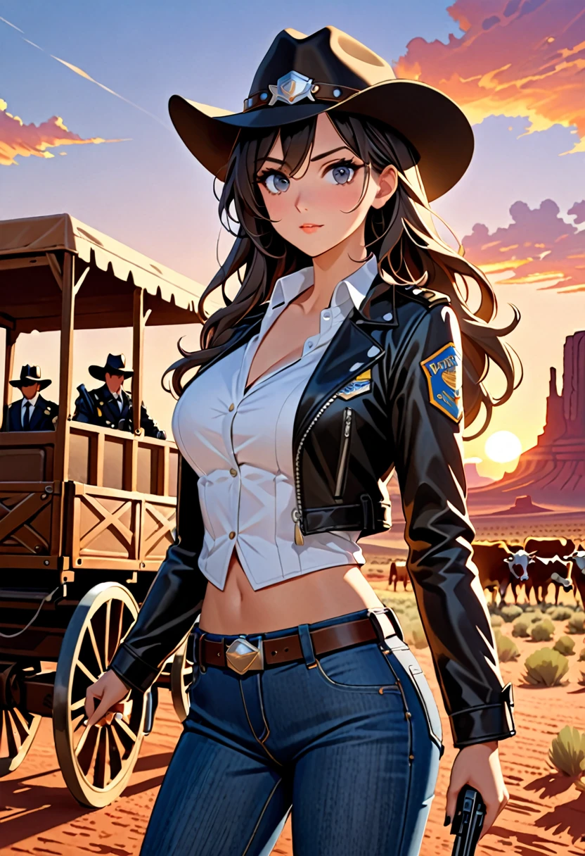 Highest quality, 16K, Unbelievably absurd, Very detailed, 2.5D, delicate and dynamic, , formal, Monument Valley, vast ranch, Sunset, sunset, Old Town, Wagon, duel, Small face, Very delicate look, Delicate eye depiction, Upper body close-up, erotic, Sexy Woman, Cool woman, Long black wavy hair, Healthy body shape, 25-year-old woman, Cool woman, height: 170cm, huge firm bouncing busts, western cow girl, Security Officer, Dual pistols, Vibrant, Cowboy hat, Worn leather jacket, Jeans short pants, Leather cowboy boots, duelに挑む