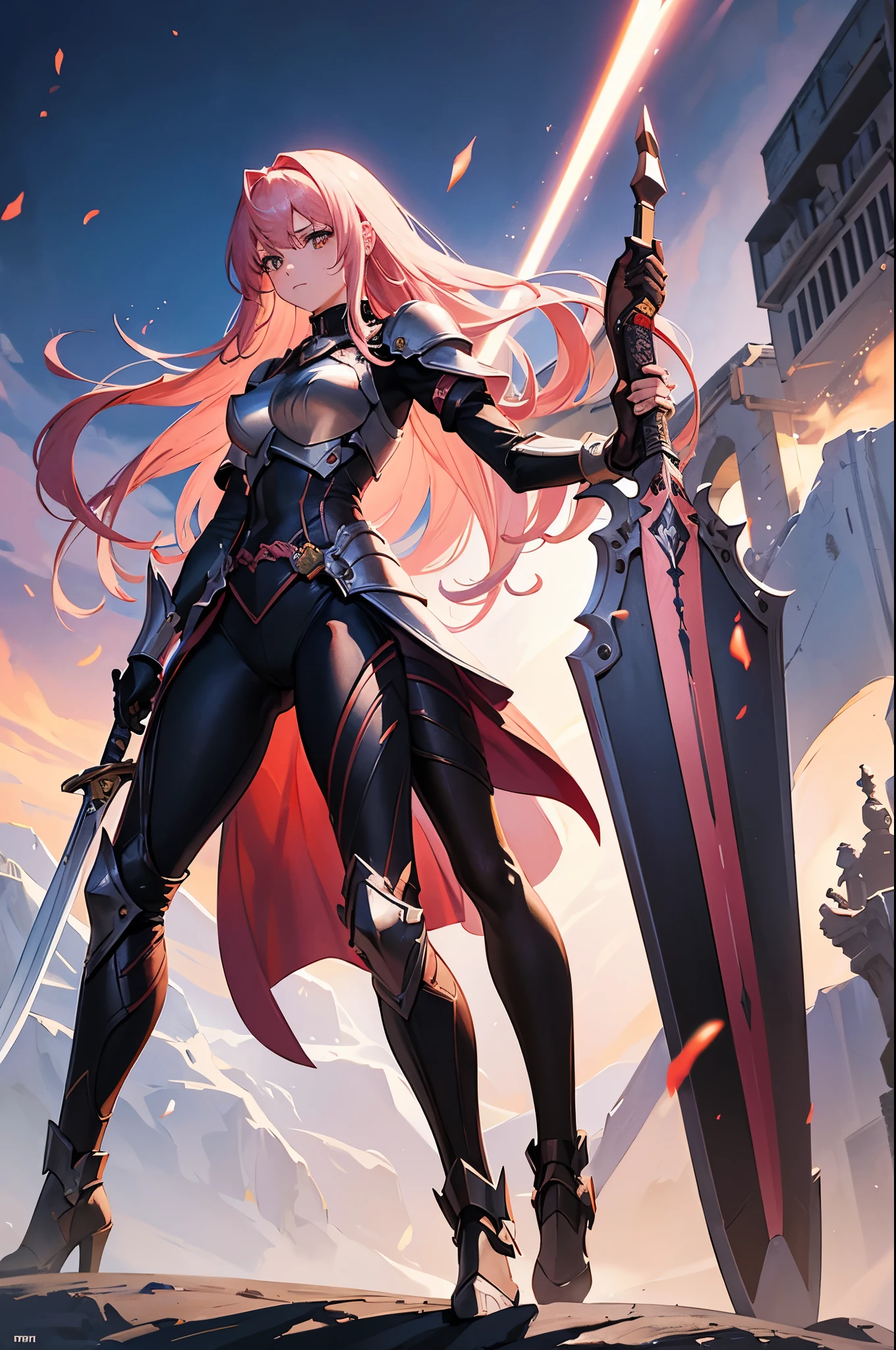 18 years old, pink medium length hair, brown eyes, in a full body leggings with armor, masterpiece, high quality, sword in right hand, shield in left hand, shoulders exposed, gloves, ready to fight pose, 4k, glow effect, red energy intertwined in an atmospheric beauty, crazy glow effect, cinematic atmosphere, swords-woman.