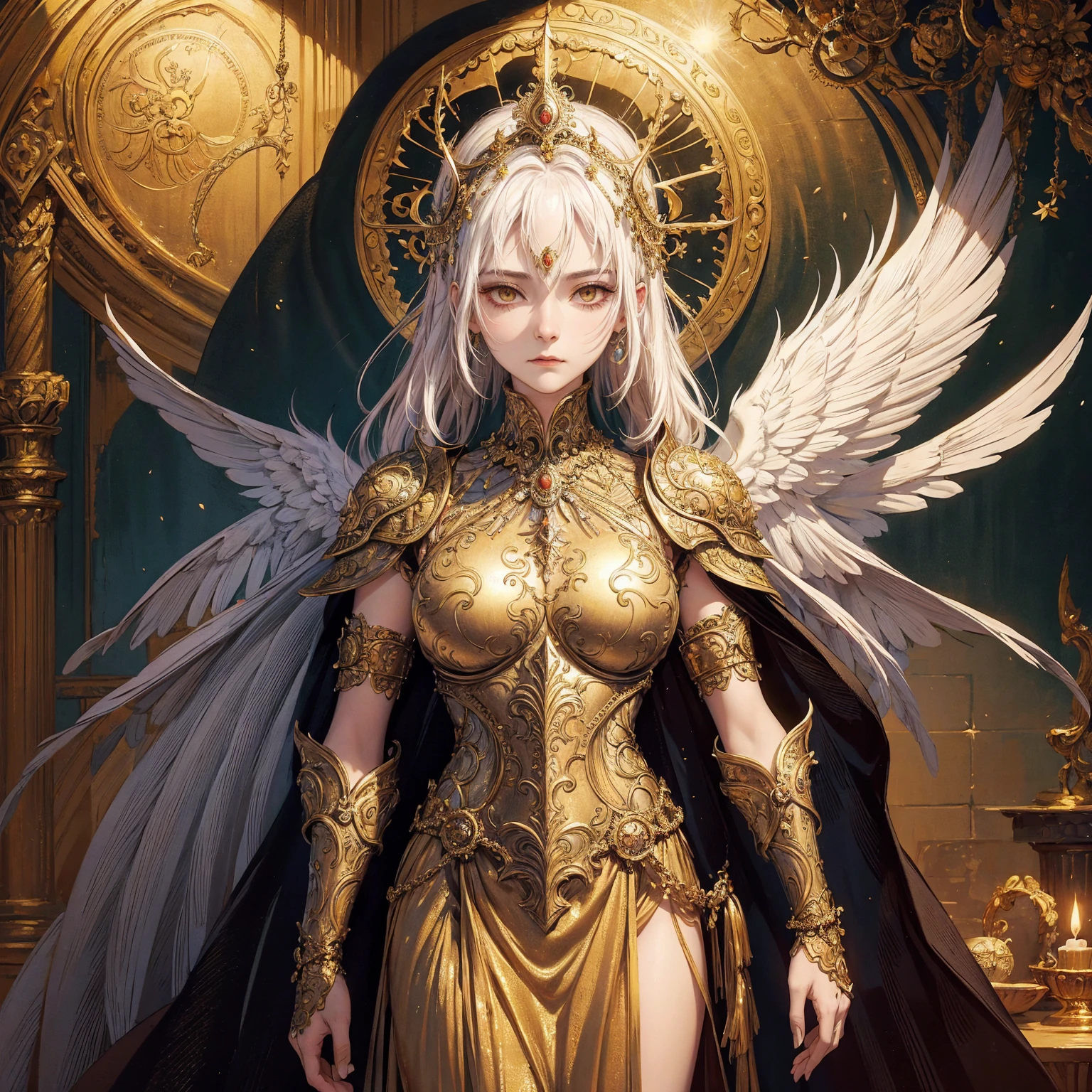 Art of elderly mature woman wearing sun crown, wearing ornate breastplate that exposes a small amount of skin above the chest, wearing golden long dress, a pair of armored angelic wings spread out behind the woman, ancient goddess art, Sacredness. Very detailed, Mysterious inspiration, Inspiration from the Sun God, Religious inspiration, Cold and snobbish face, No smile, Dangerous impersonal expressions, White hair, Standing, Full body portrait, Gothic art style, Weird art style, Occult art