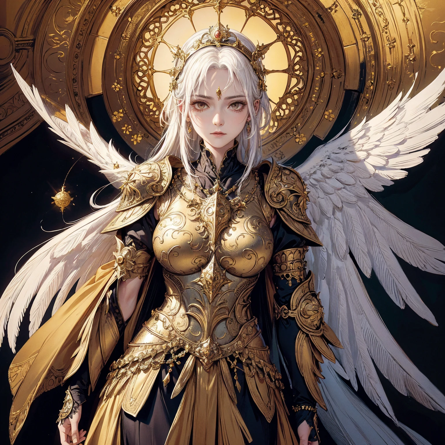 Art of elderly mature woman wearing sun crown, wearing ornate breastplate that exposes a small amount of skin above the chest, wearing golden long dress, a pair of armored angelic wings spread out behind the woman, ancient goddess art, Sacredness. Very detailed, Mysterious inspiration, Inspiration from the Sun God, Religious inspiration, Cold and snobbish face, No smile, Dangerous impersonal expressions, White hair, Standing, Full body portrait, Gothic art style, Weird art style, Occult art