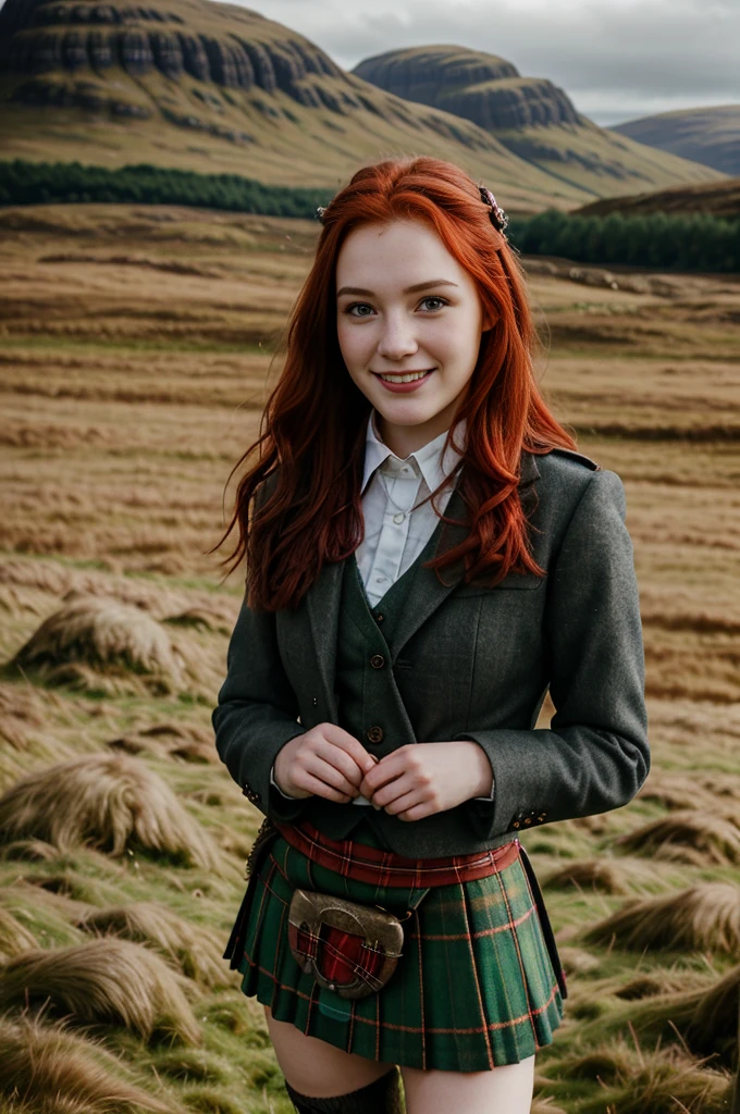 focus face, (looking at viewer:1.3), Full-body, on ground ,standing pose, Scottish girl, 18 years-old, (red hair , blew eye, middle hair, smile ), A beautiful Scottish woman wearing traditional Highland dress, long kilt skirt, including a tartan kilt and accessories like a sporran and sash, standing in a picturesque Scottish landscape. The scene should highlight the elegance and cultural richness of Scottish heritage,super detail, high details, high quality, accurate, anatomically correct, textured skin, beautiful fingers super detail, high details, high quality, best quality