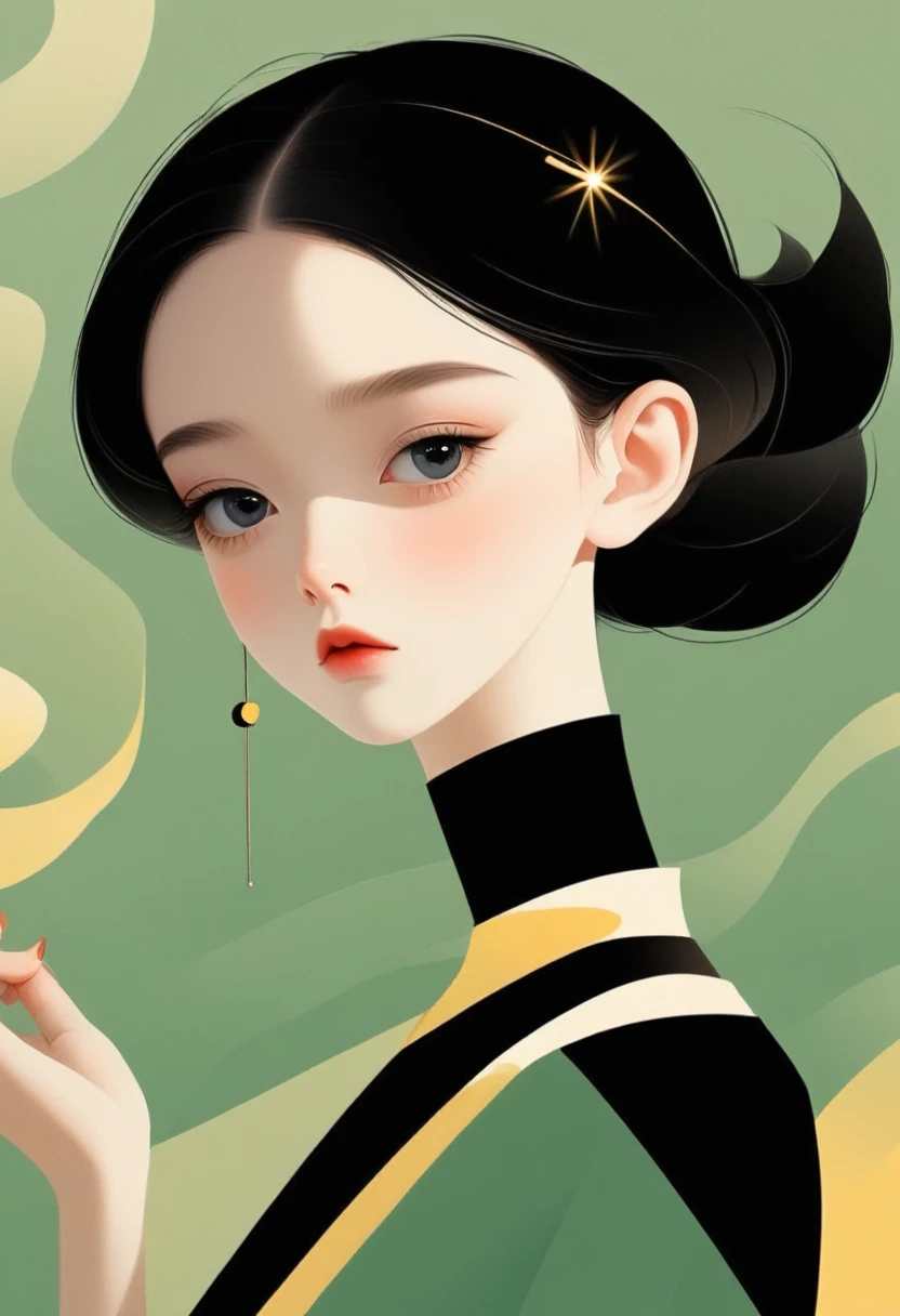 Vector,Flat style,illustration,The Minimalists,数字艺术illustration,A girl wearing a hairpin,Unique,Black Hair,Pretty Face,Big bright eyes,portrait,Shoulder,Beautiful hands,Beautiful artistic conception,Abstract