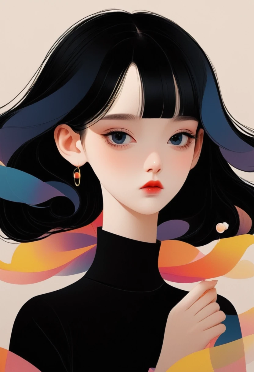 Vector,Flat style,illustration,The Minimalists,数字艺术illustration,A girl wearing a hairpin,Unique,Black Hair,Pretty Face,Big bright eyes,portrait,Shoulder,Beautiful hands,Beautiful artistic conception,Abstract