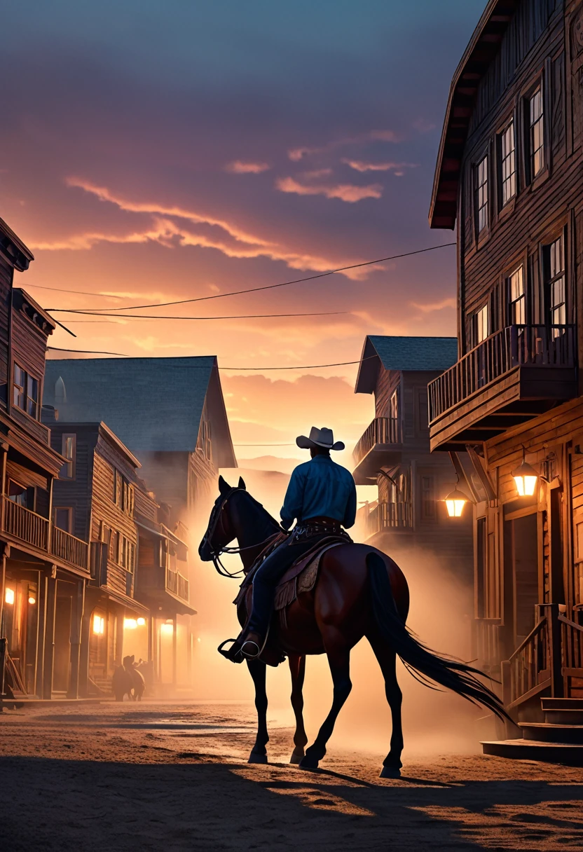 ( perfect anatomy ) a cowboy(Cowboy hat) Silhouette of riding horse in denim clothes (Dynamic angle)Sunset over the streets of an old west town (Rich color levels)
Wind and sand flow in the air entwining the foggy scene movie lighting volumetric lighting, haze light, Fog lights high dynamic range wide screen cinematic effect bioluminescent style complex artwork large depth of field cinematic processing, Realistic magical fantasy scene highly detailed structure surreal, Digital art, high detail, HD