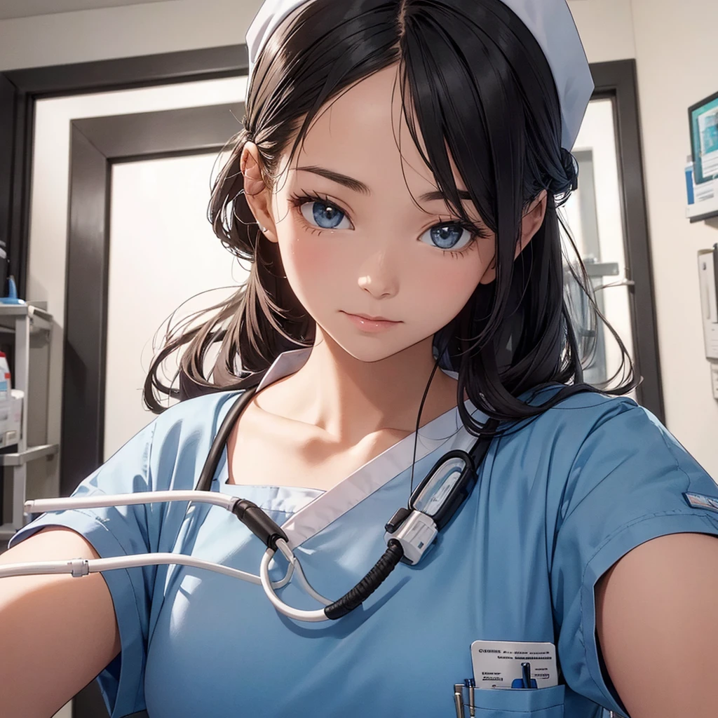 nursing aide,one girl,solo,blue or white scrubs,not wearing a hat or cap, frame it up to the top of the head, The top of my head doesn't come out of the frame,Facing forward.