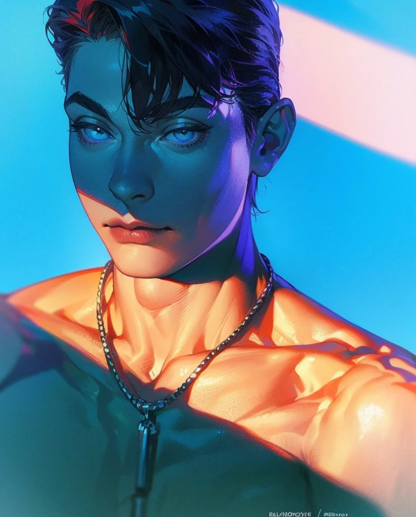 ((work of art, best qualityer)), 1 young boy, (mature man:1.4), 130 mmf1.4 lenses, 1 young boy, standing alone, pointy ears, heart-shaped pupils, From above, chewing gum, gumball demon boy, big pectorals, saturados, colorfully, multicolored hair, silver hair, hair blue, multi colored eyes (((1boy))), ((toned)), male focus, Masterpiece artwork, high qualiy, (Masterpiece artwork:1.2), (best qualityer:1.2), shining skin, realisitic, ornate, intricate, ((blackquality hair)), (short hair), blue colored eyes,bangss, hair between the eyes, chic, looking_at_viewer, holding_fan, red_eyeliner, FH, crazy eyes, gazing at viewer, constricted pupils, dynamic pose, (shadows cast over the face:1.3), dark bedroom, shadow room