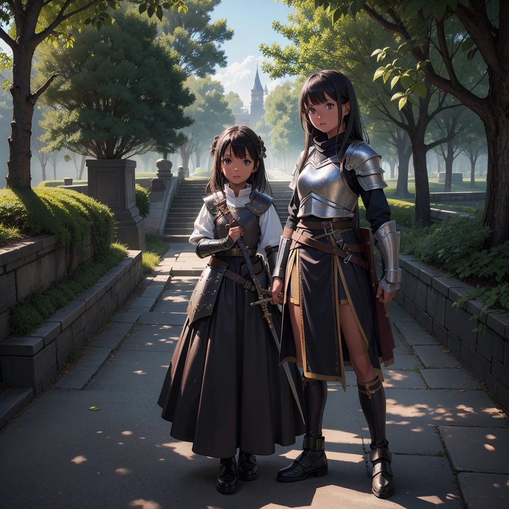 最high quality、high quality、10 years old、Girl Adventurer、Climb the maze stairs、Leather Armor、Long skirt、Equipped with a dagger and a shield、