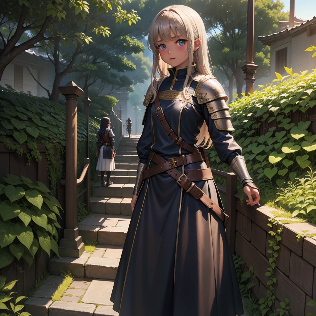 最high quality、high quality、、Girl Adventurer、Climb the maze stairs、Leather Armor、Long skirt、Equipped with a dagger and a shield、