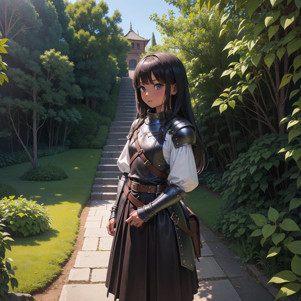 最high quality、high quality、、Girl Adventurer、Climb the maze stairs、Leather Armor、Long skirt、Equipped with a dagger and a shield、